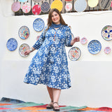 Indigo Daisy Floral Handblock Cotton Aline Dress