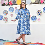 Indigo Daisy Floral Handblock Cotton Aline Dress