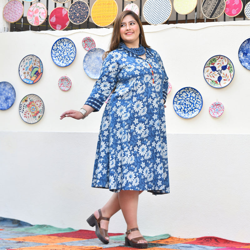 Indigo Daisy Floral Handblock Cotton Aline Dress