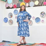 Indigo Daisy Floral Handblock Cotton Aline Dress