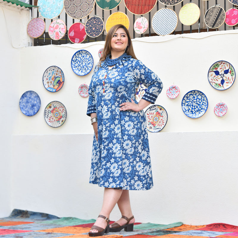 Indigo Daisy Floral Handblock Cotton Aline Dress