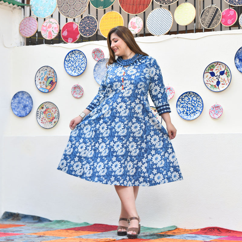 Indigo Daisy Floral Handblock Cotton Aline Dress