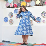 Indigo Daisy Floral Handblock Cotton Aline Dress