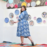 Indigo Daisy Floral Handblock Cotton Aline Dress