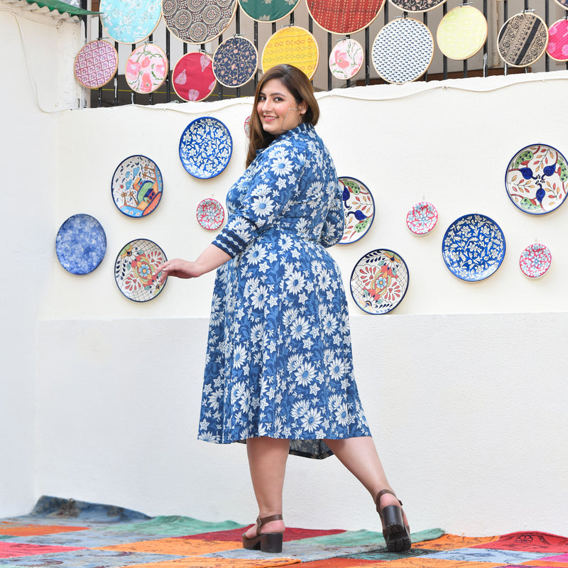 Indigo Daisy Floral Handblock Cotton Aline Dress