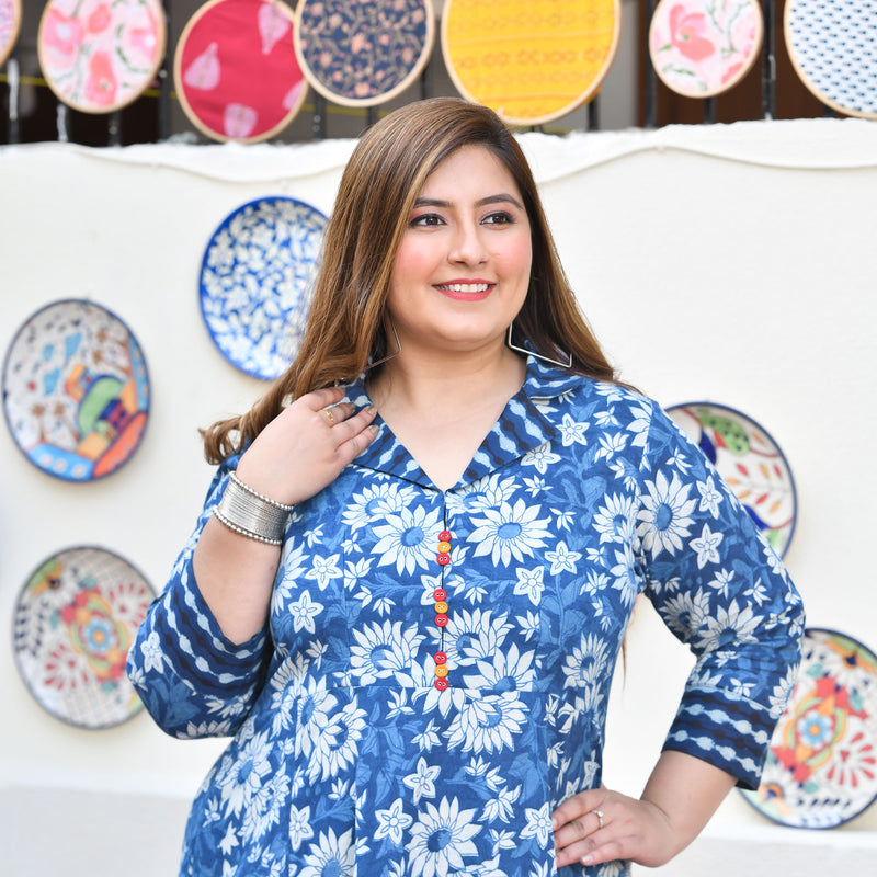 Indigo Daisy Floral Handblock Cotton Aline Dress