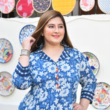 Indigo Daisy Floral Handblock Cotton Aline Dress