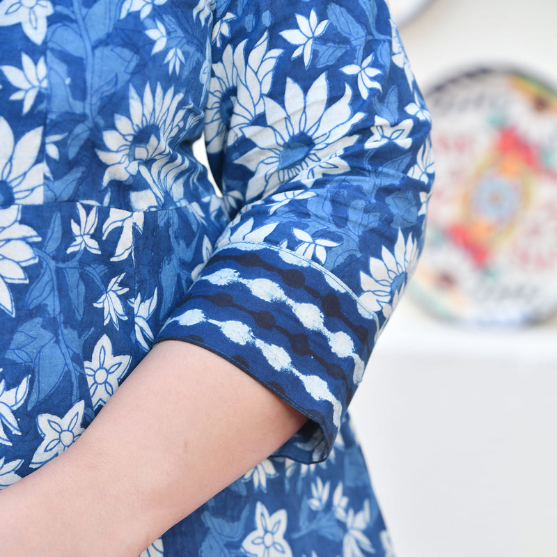 Indigo Daisy Floral Handblock Cotton Aline Dress