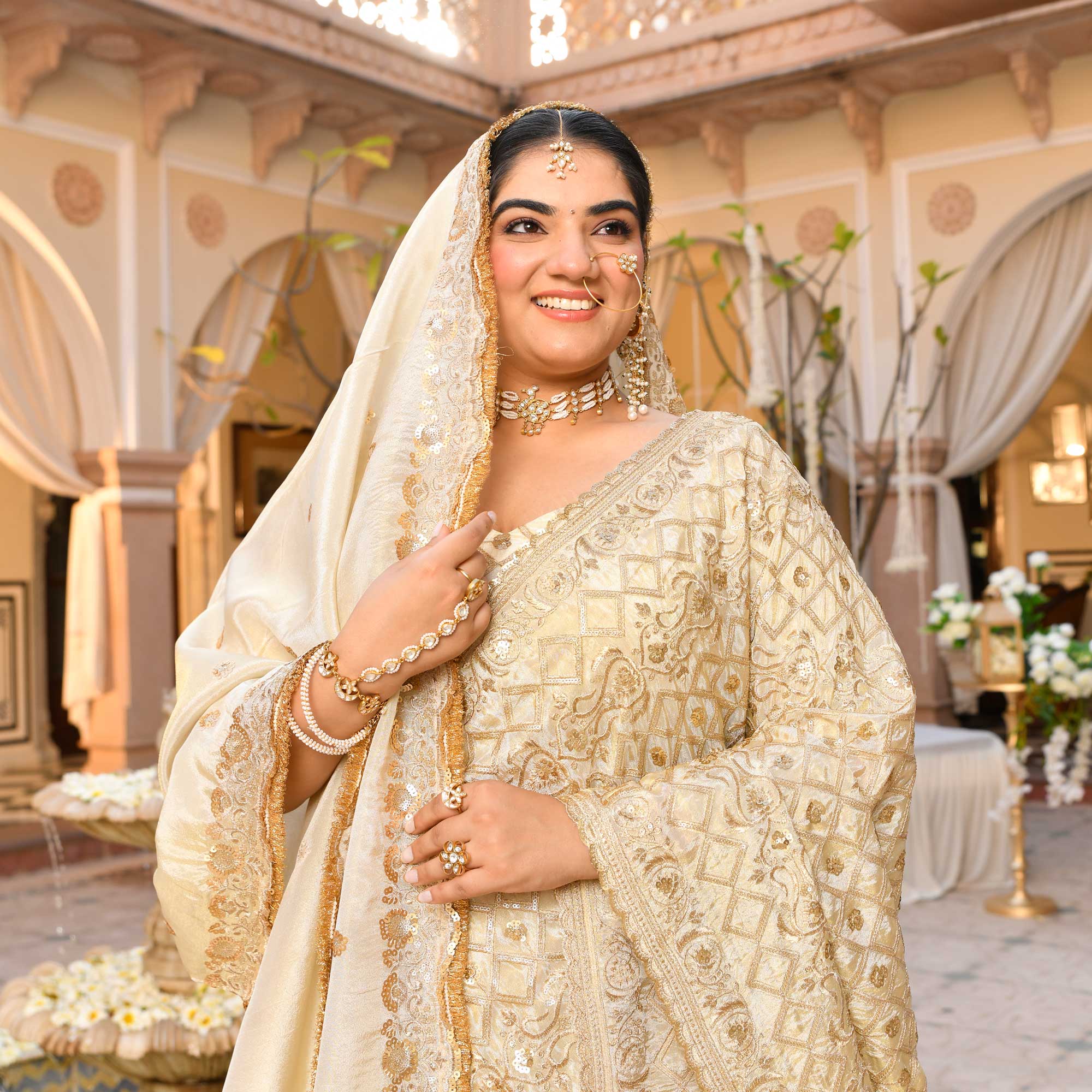 RANJHNA- Ivory & Gold Sequin Embroidered Pure Tissue Silk Lehenga Set