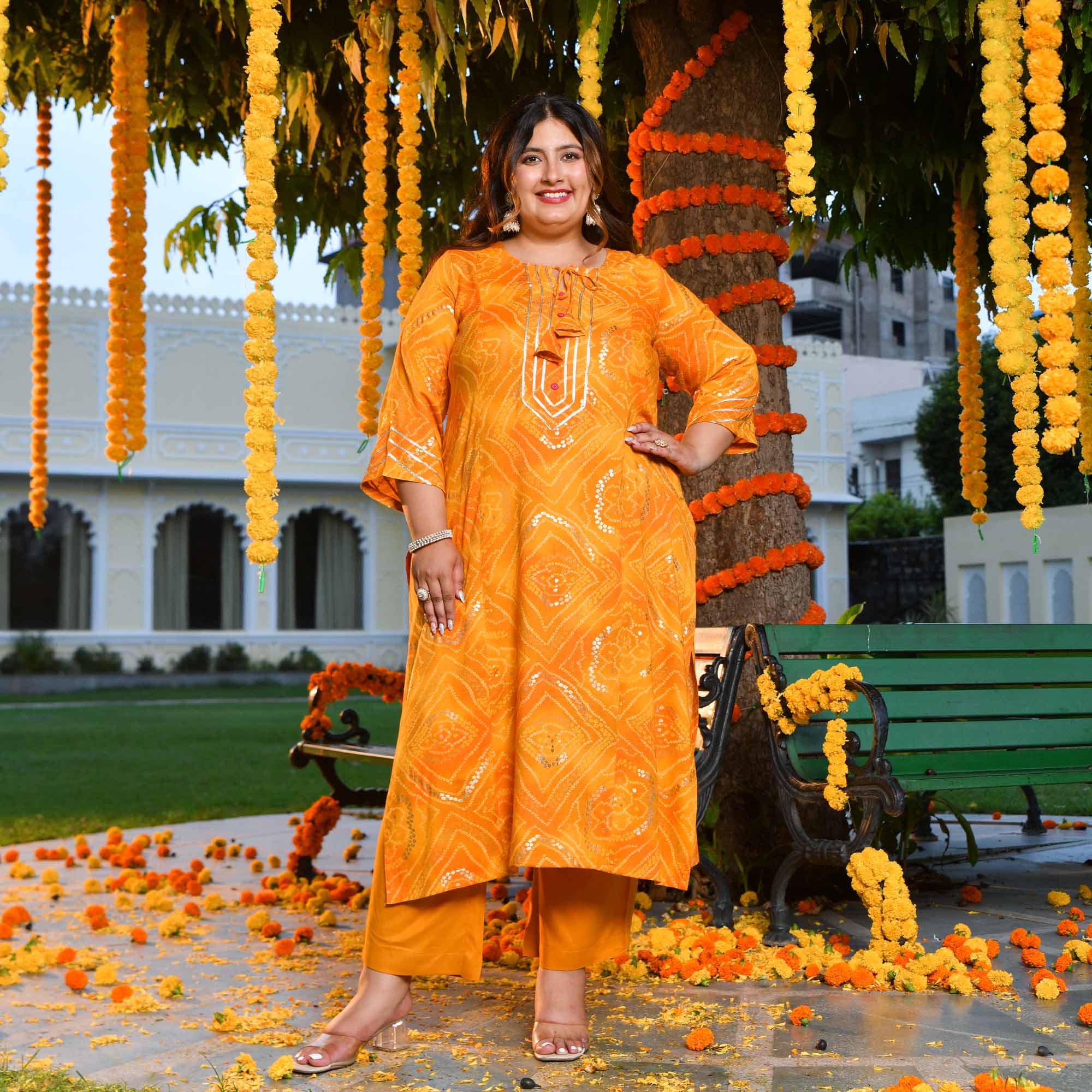 Peetambari- Mustard Yellow Bandhani Gota Princess Line Kurta