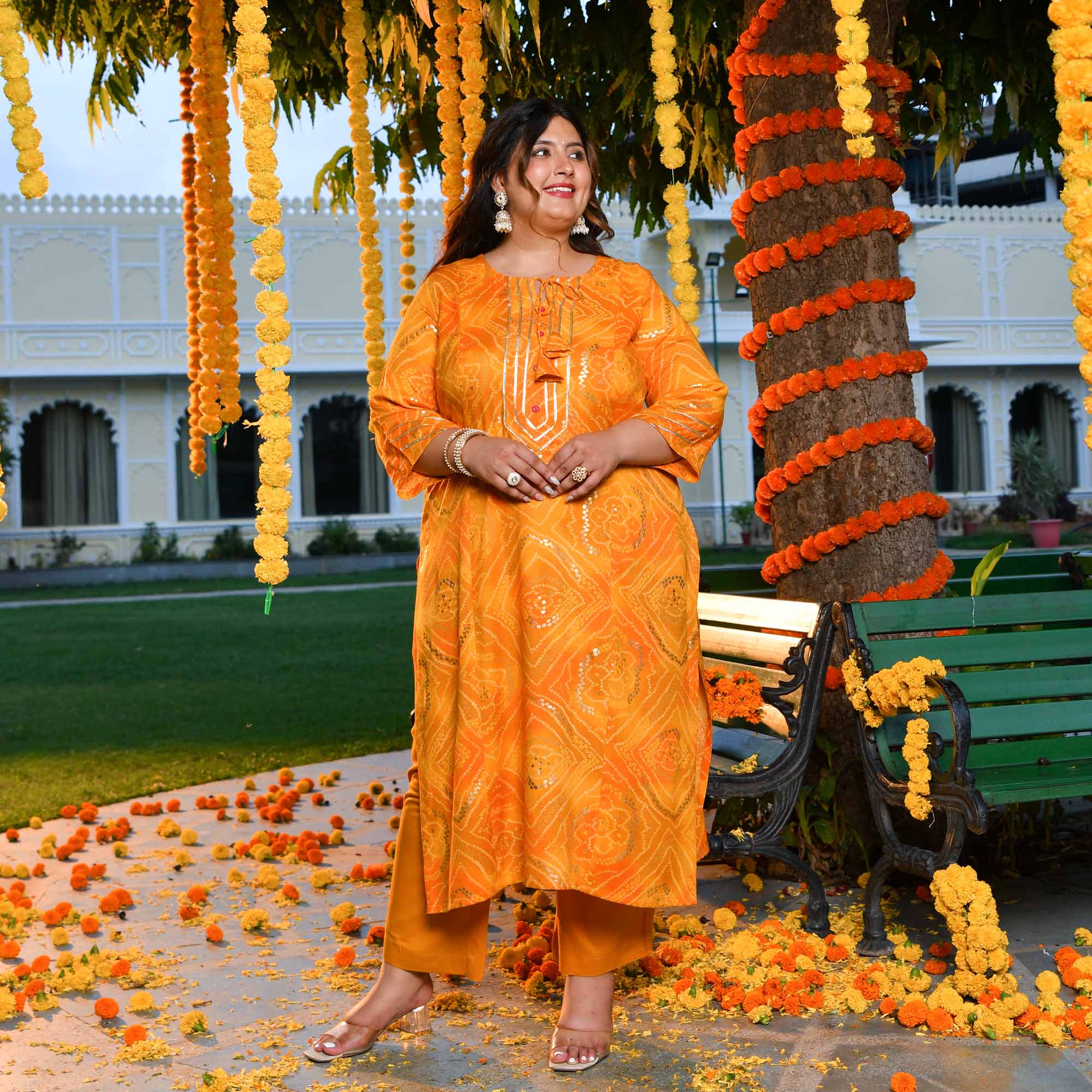 Peetambari- Mustard Yellow Bandhani Gota Princess Line Kurta