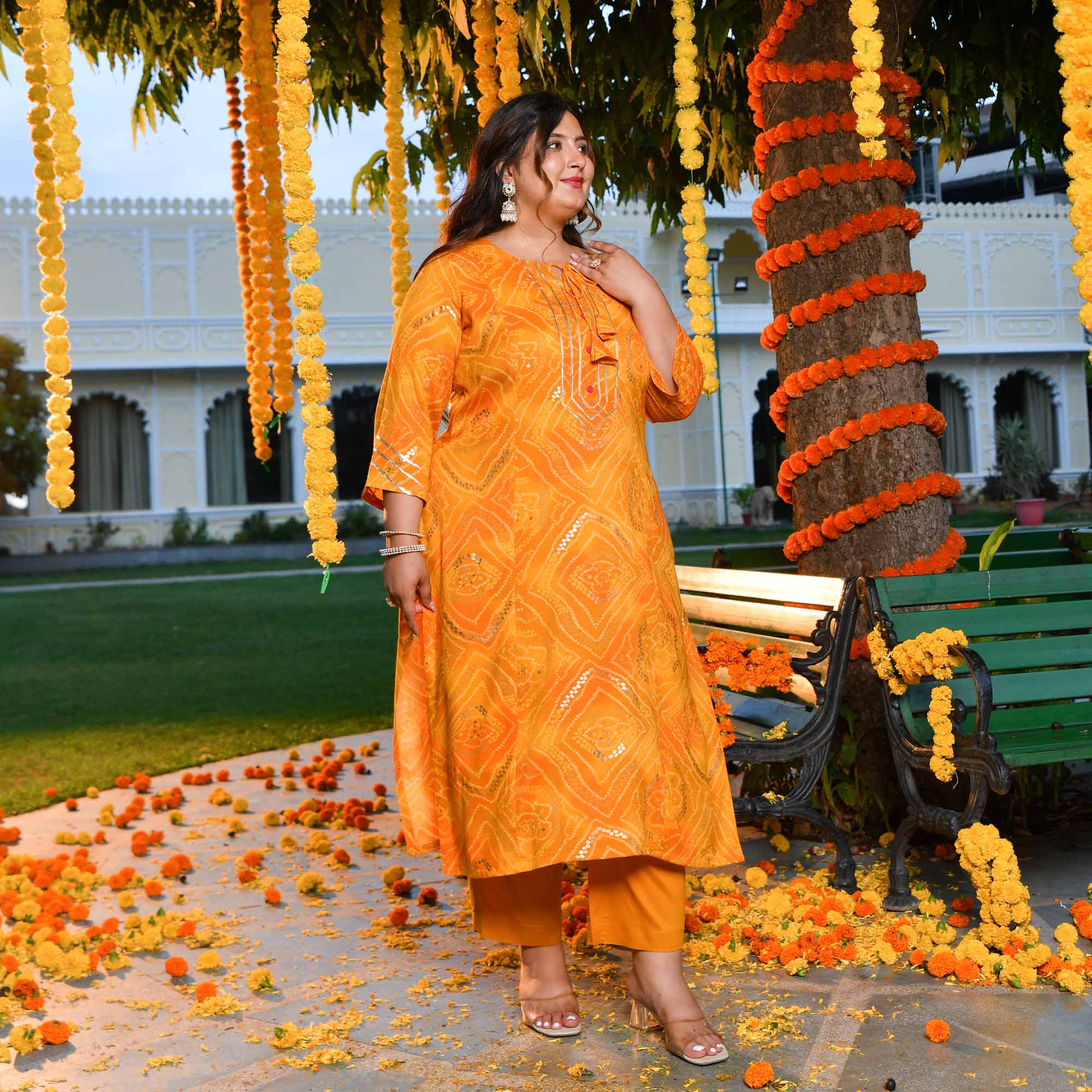 Peetambari- Mustard Yellow Bandhani Gota Princess Line Kurta