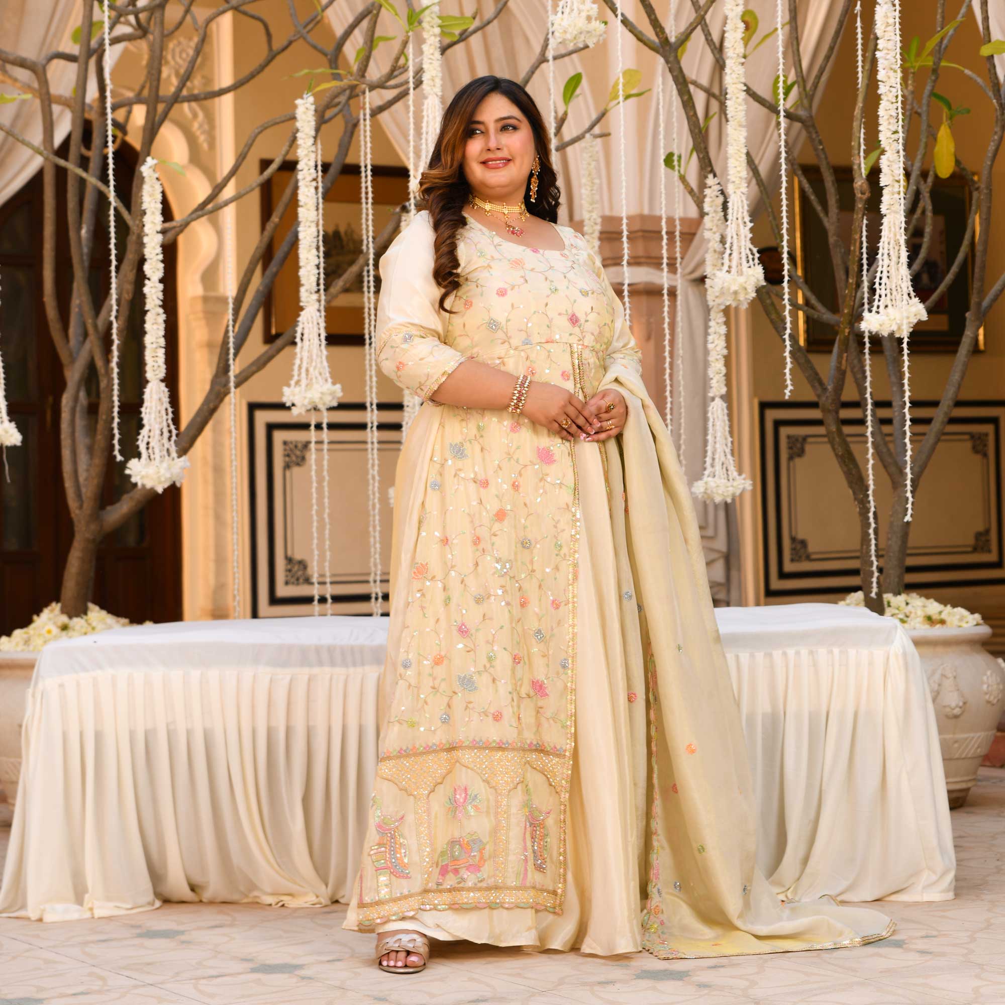 PAALKI- Ivory Cutdana Embroidered Pure Tissue Silk Anarkali