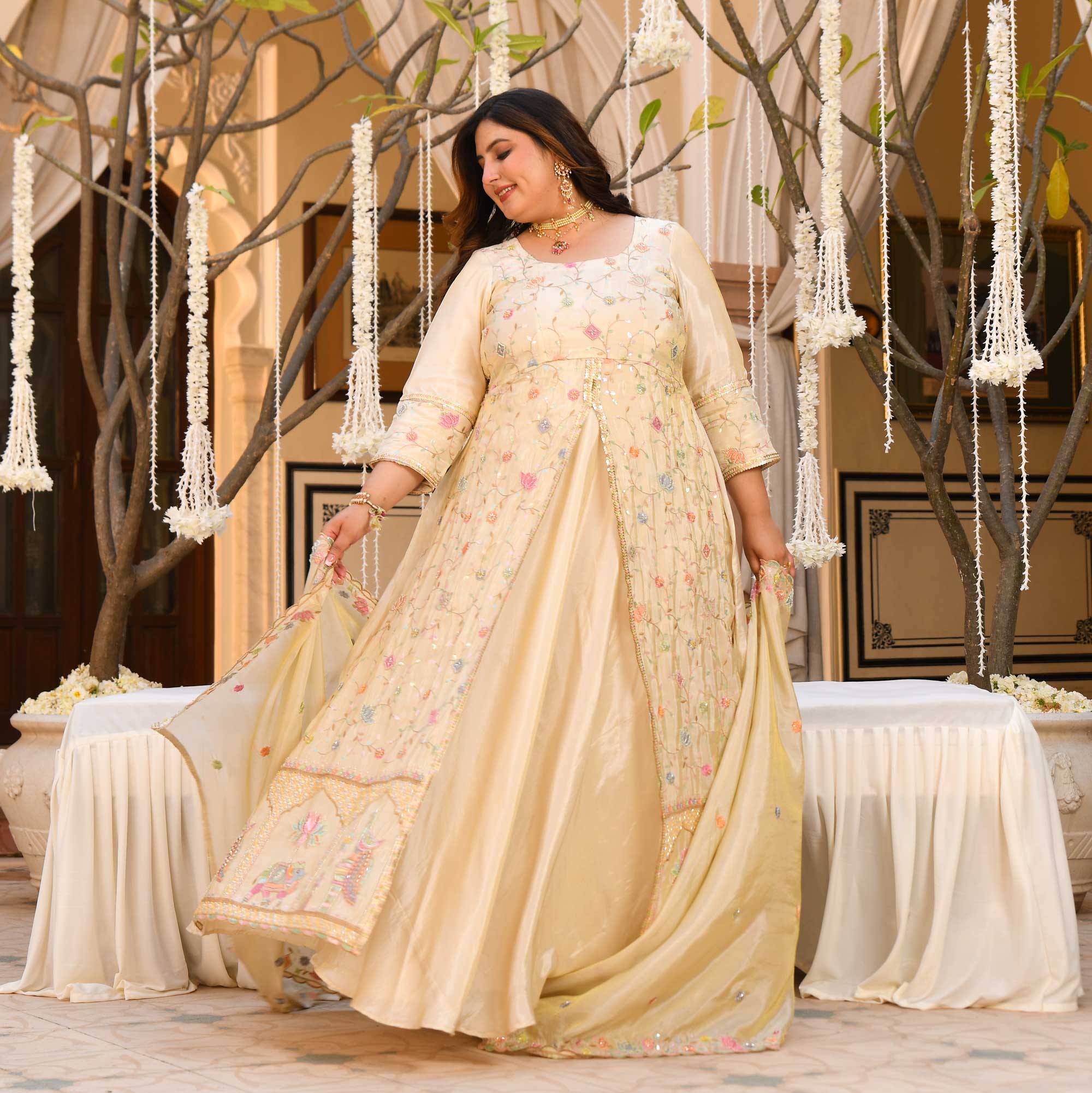 PAALKI- Ivory Cutdana Embroidered Pure Tissue Silk Anarkali