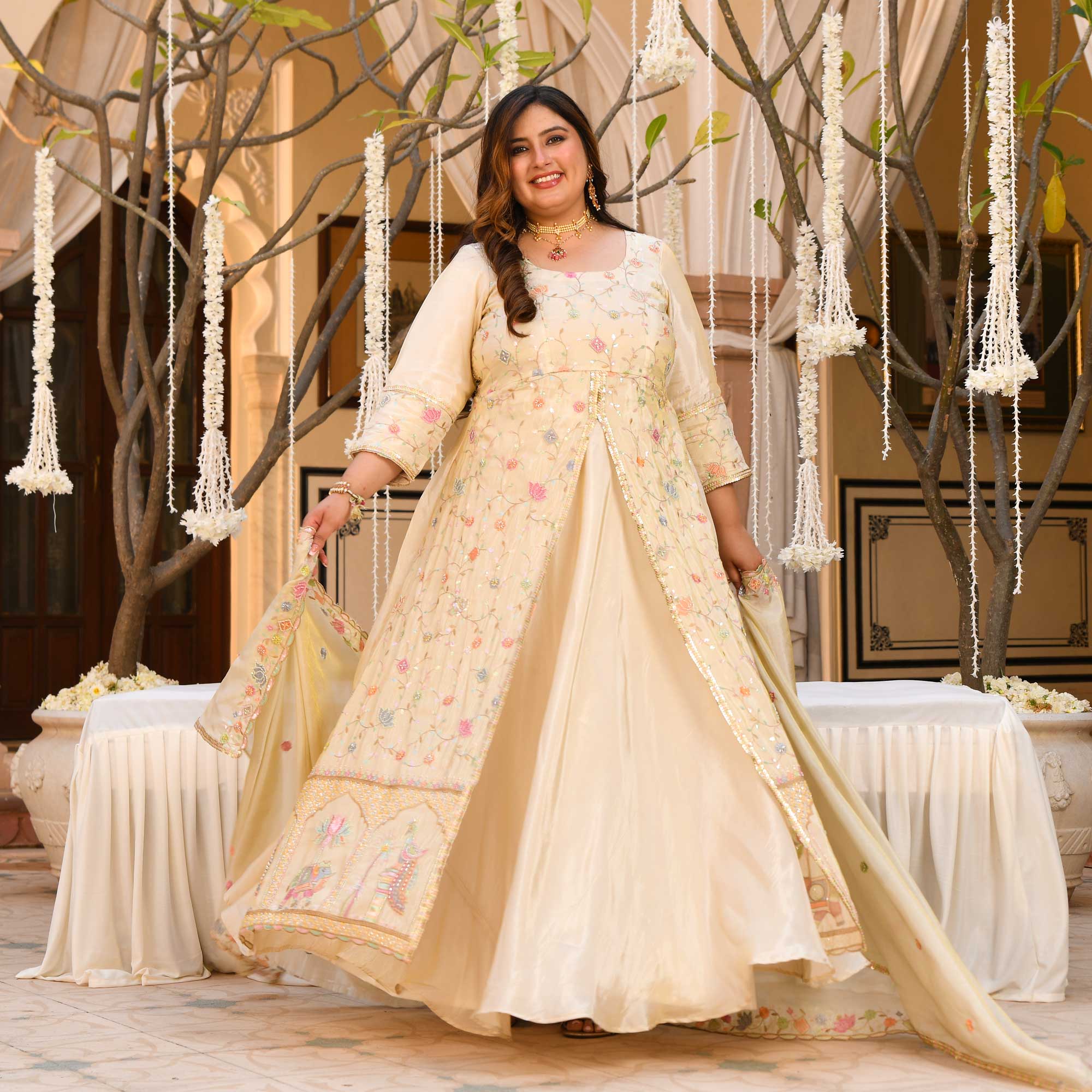PAALKI- Ivory Cutdana Embroidered Pure Tissue Silk Anarkali