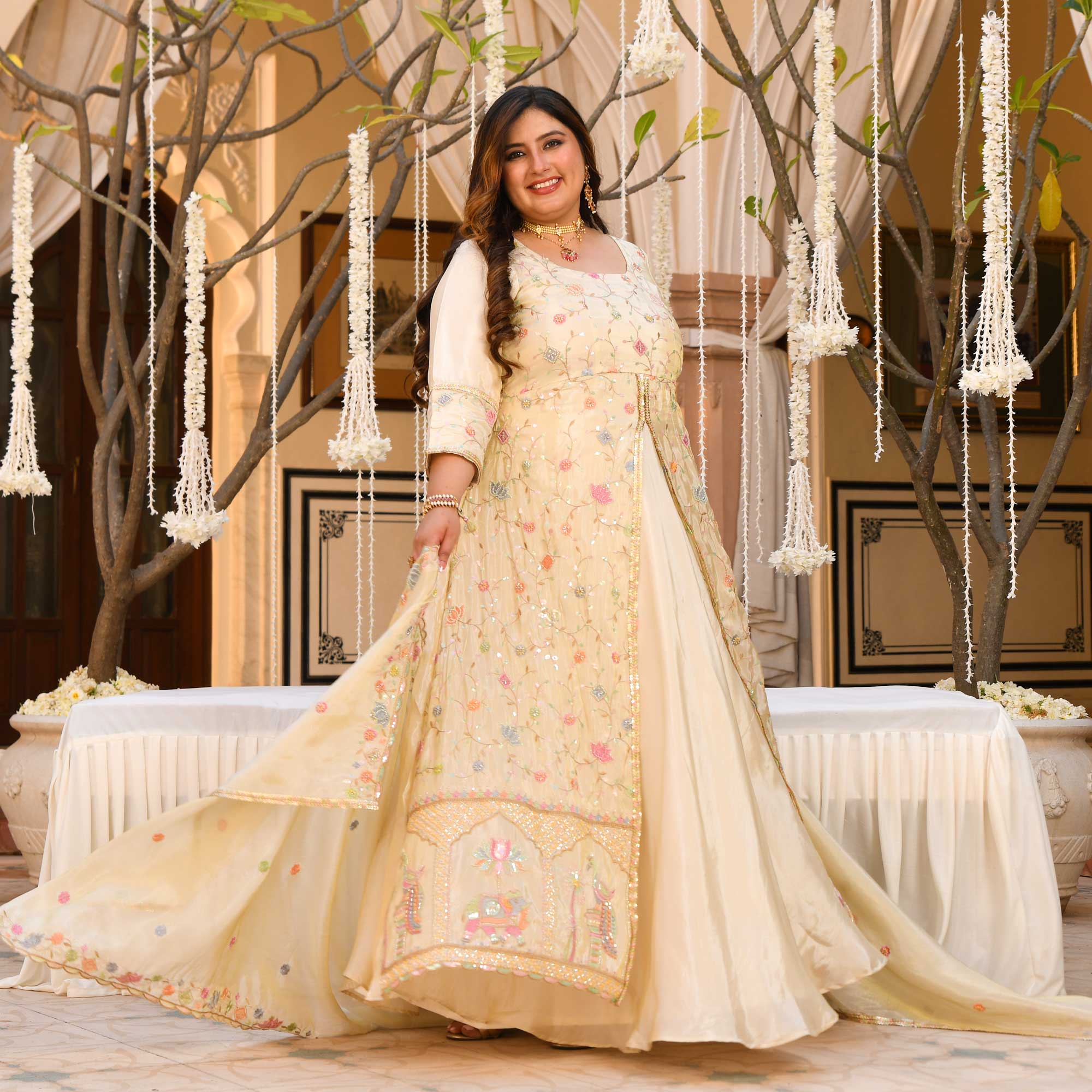 PAALKI- Ivory Cutdana Embroidered Pure Tissue Silk Anarkali