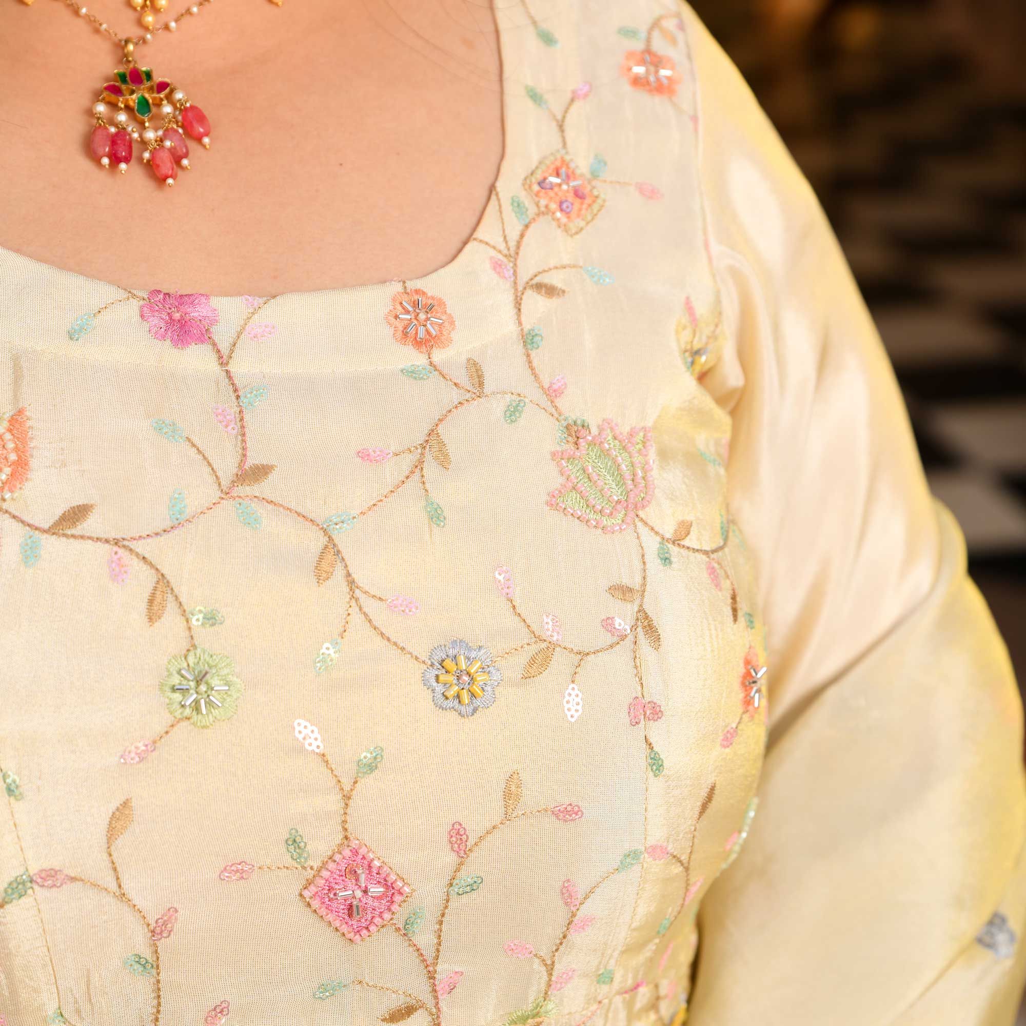 PAALKI- Ivory Cutdana Embroidered Pure Tissue Silk Anarkali