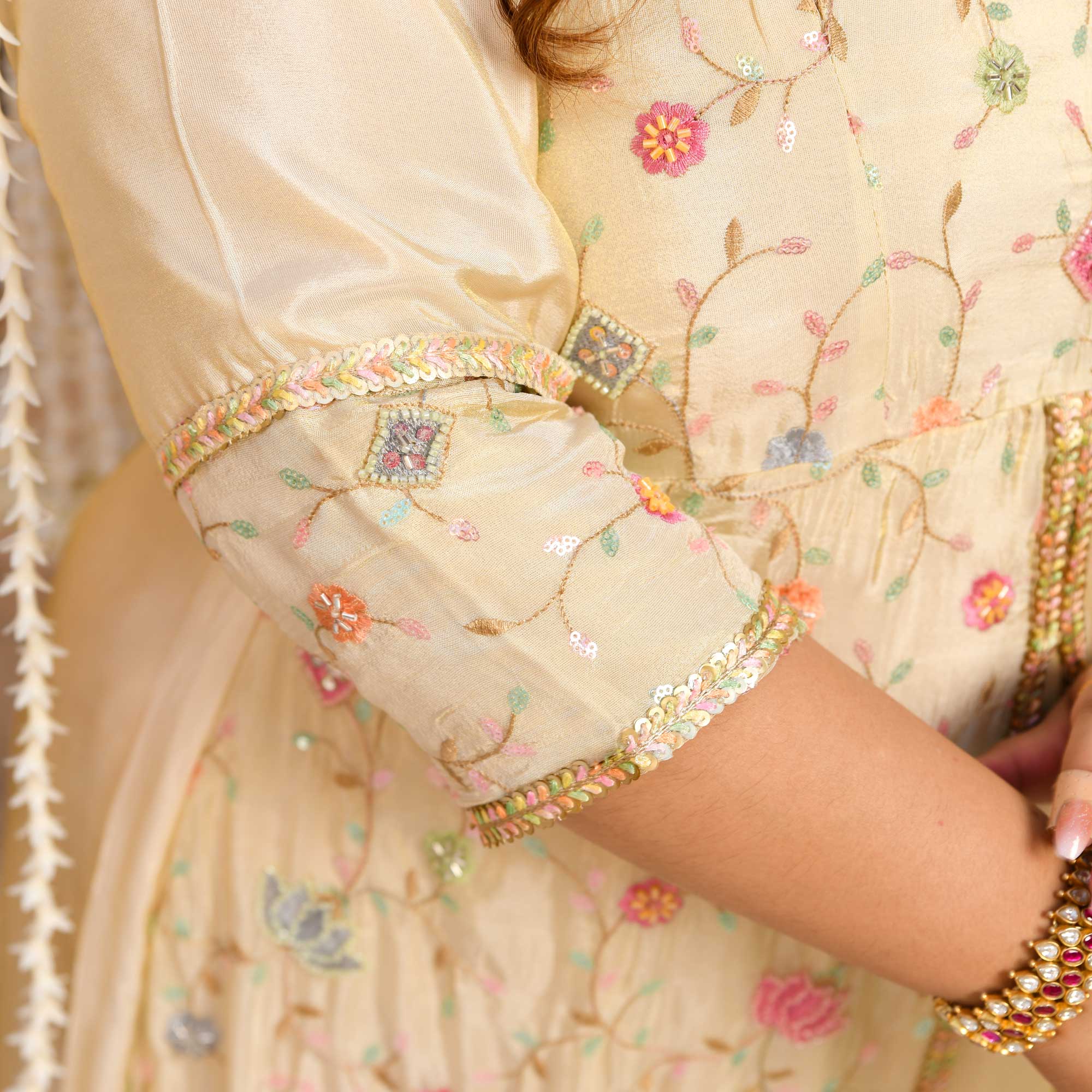 PAALKI- Ivory Cutdana Embroidered Pure Tissue Silk Anarkali