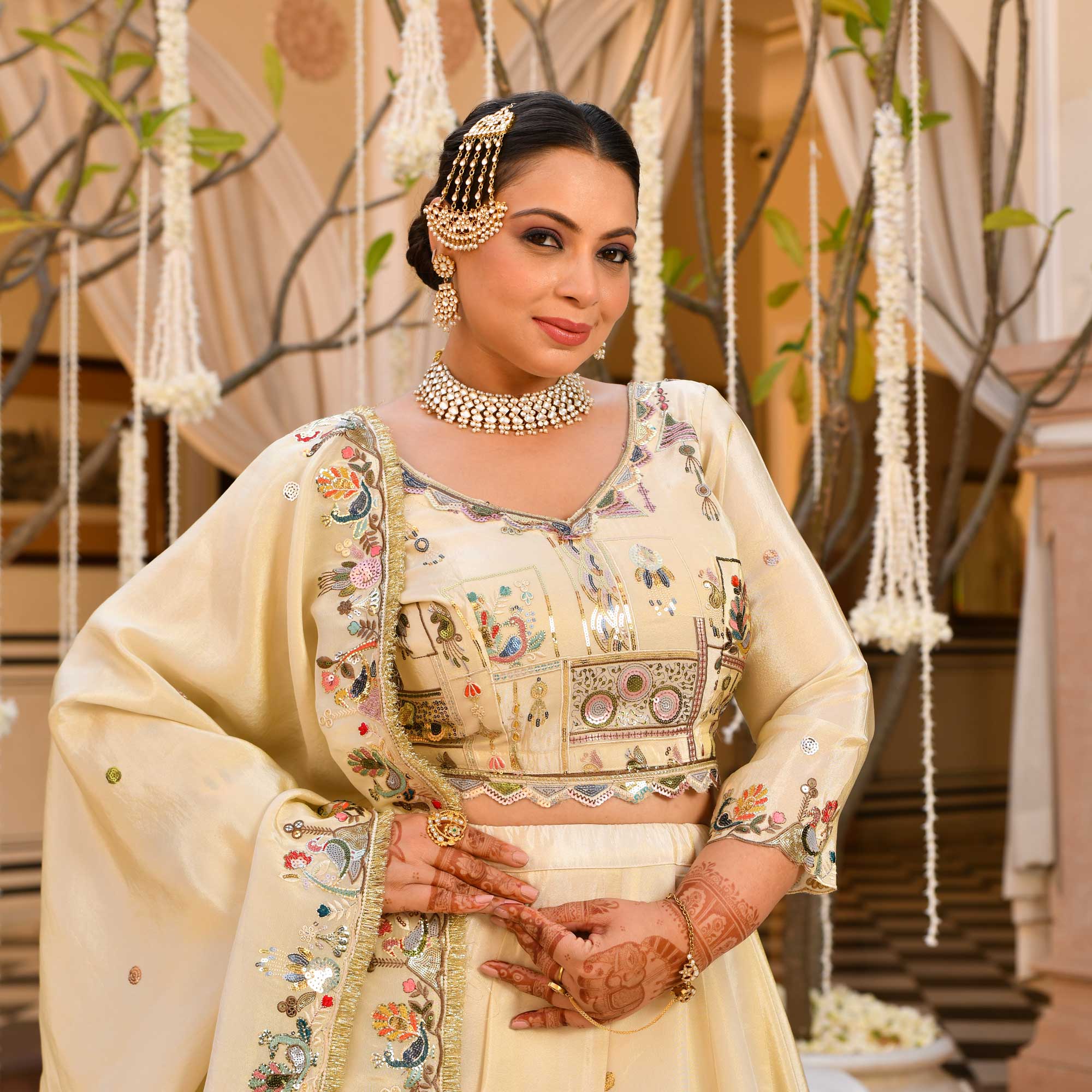RUHANI- Ivory Sequin & Thread Embroidered Pure Tissue Silk Lehenga Set