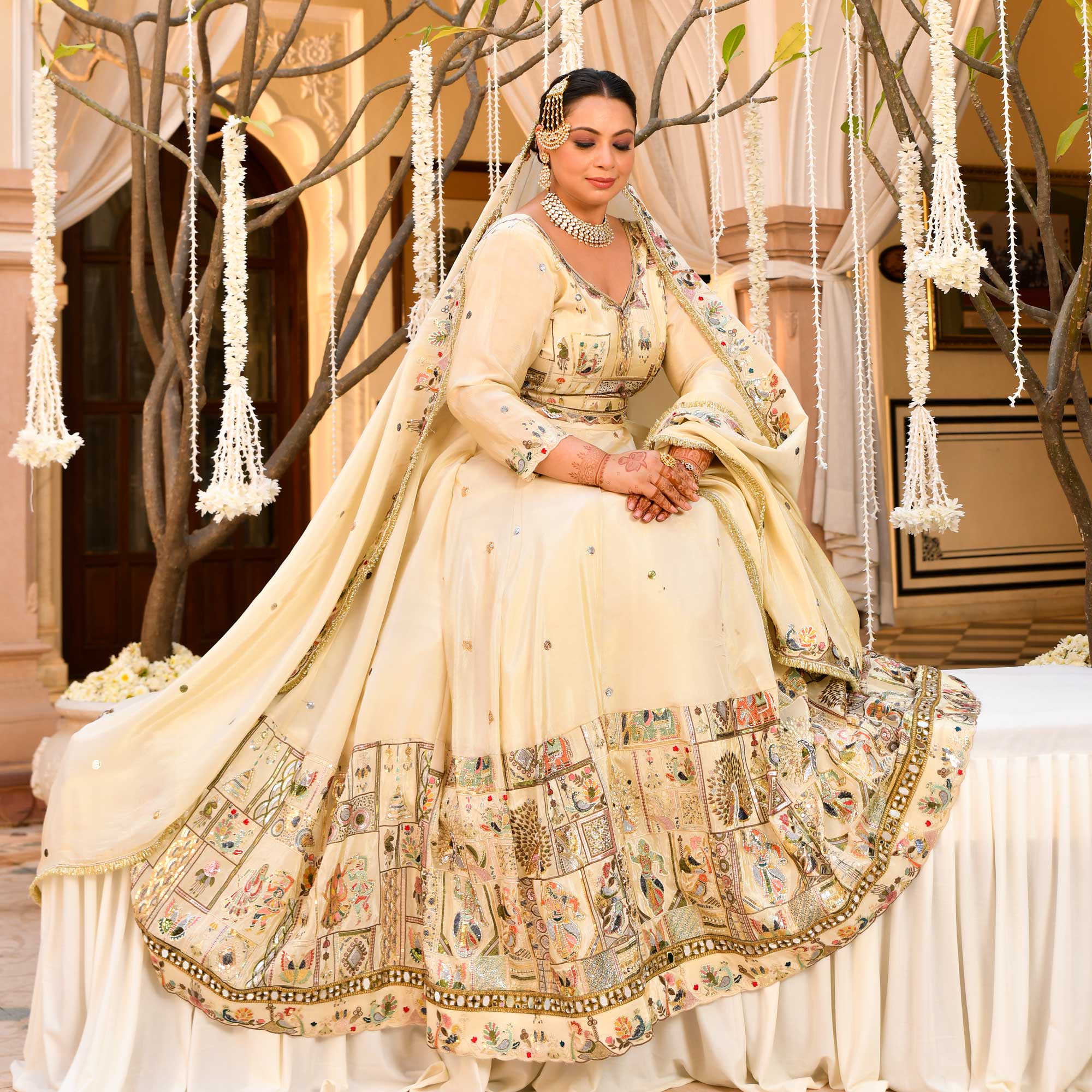 RUHANI- Ivory Sequin & Thread Embroidered Pure Tissue Silk Lehenga Set