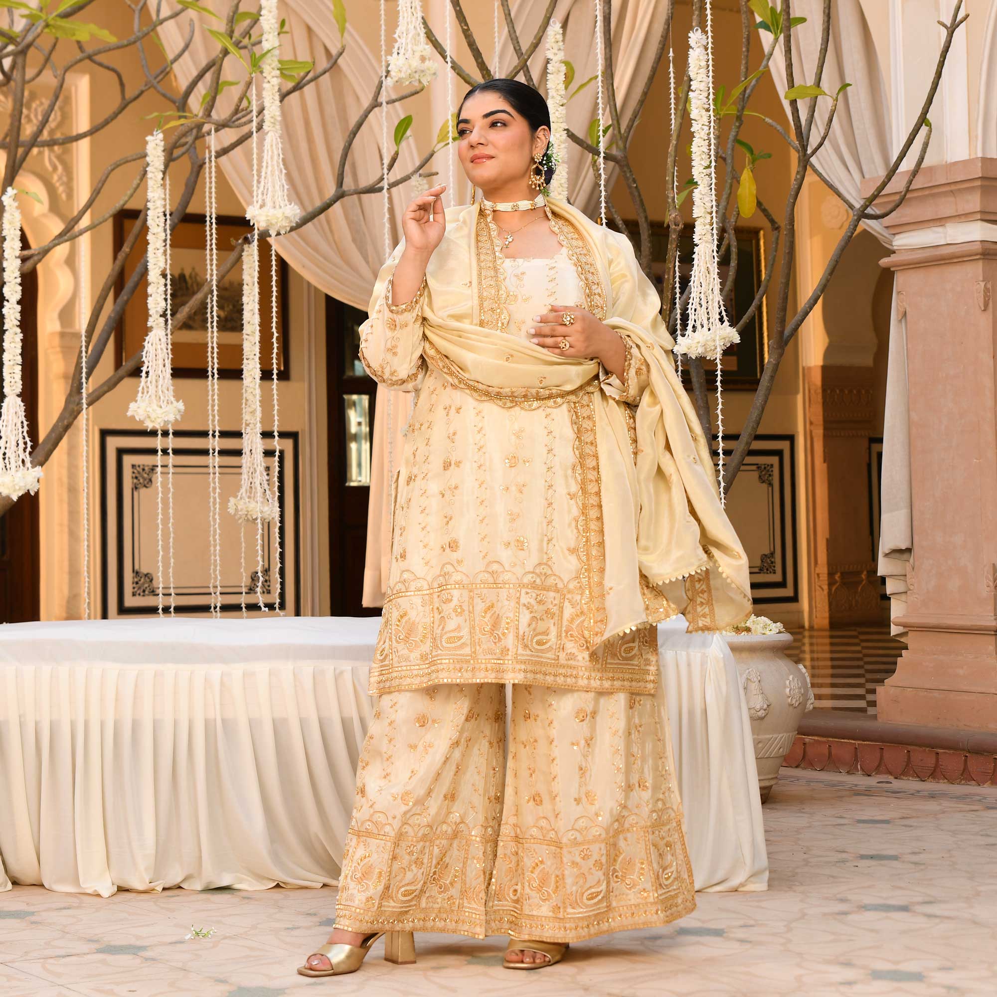 KALKI - Ivory & Gold Cutdana Embroidered Pure Tissue Silk Suit Set