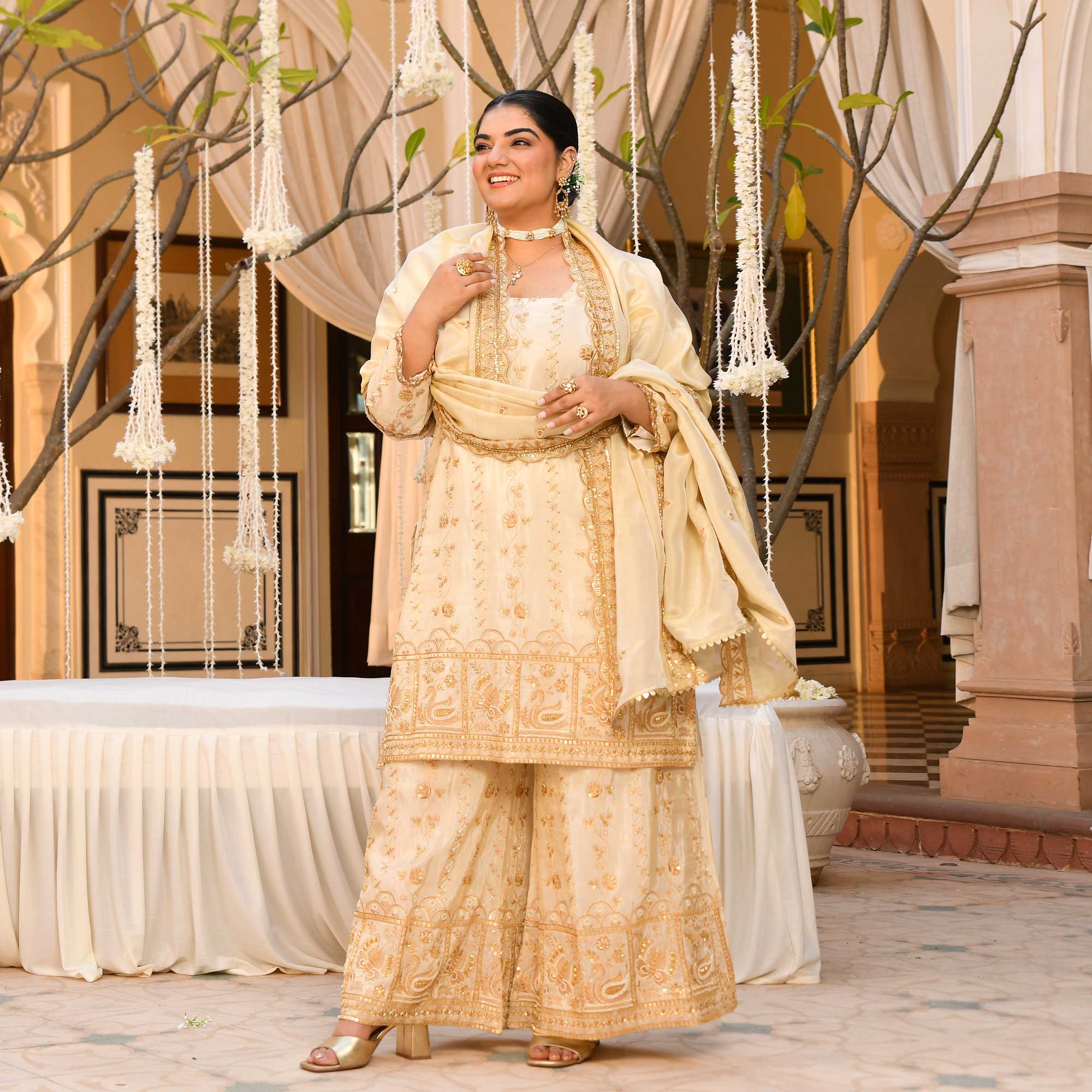KALKI - Ivory & Gold Cutdana Embroidered Pure Tissue Silk Suit Set