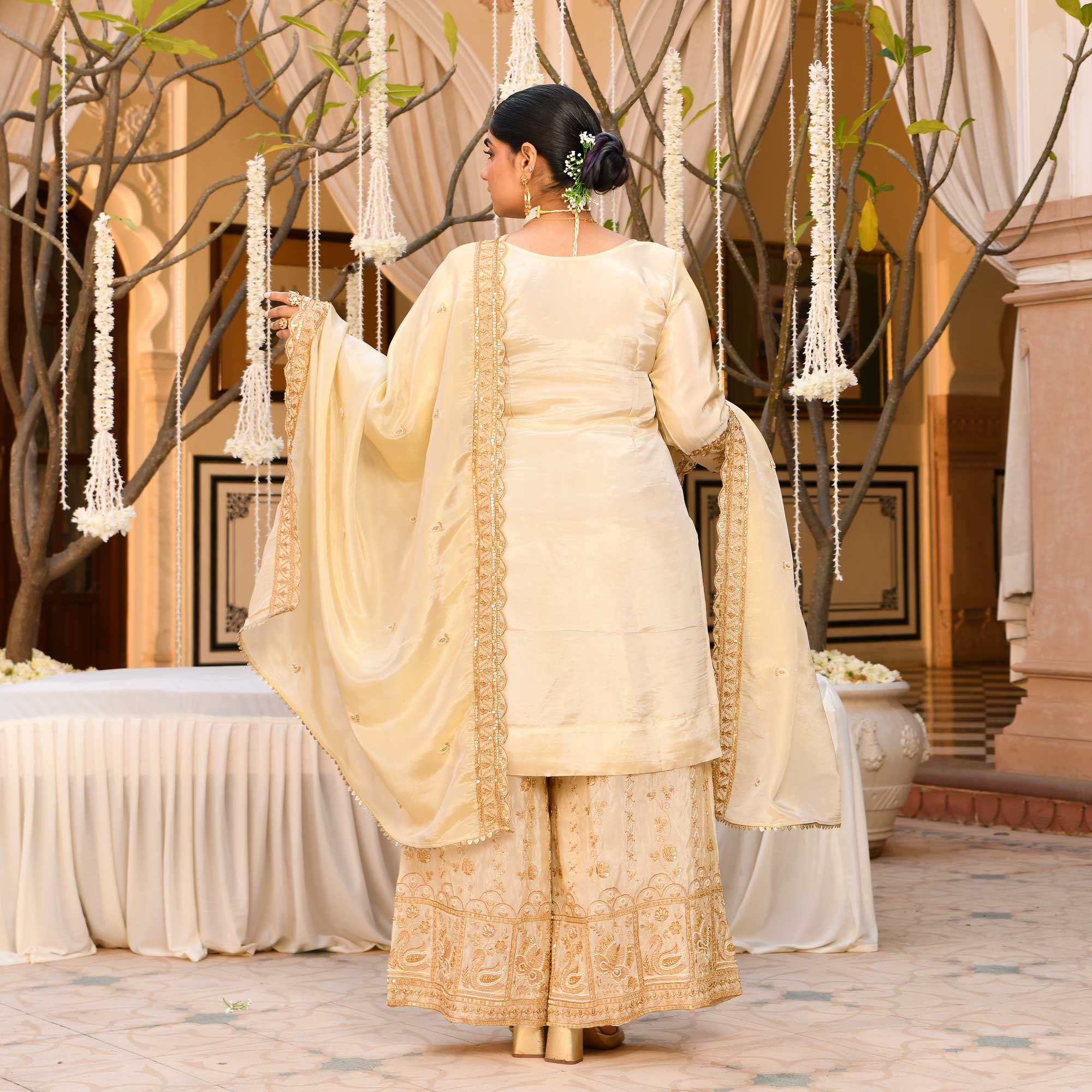 KALKI - Ivory & Gold Cutdana Embroidered Pure Tissue Silk Suit Set