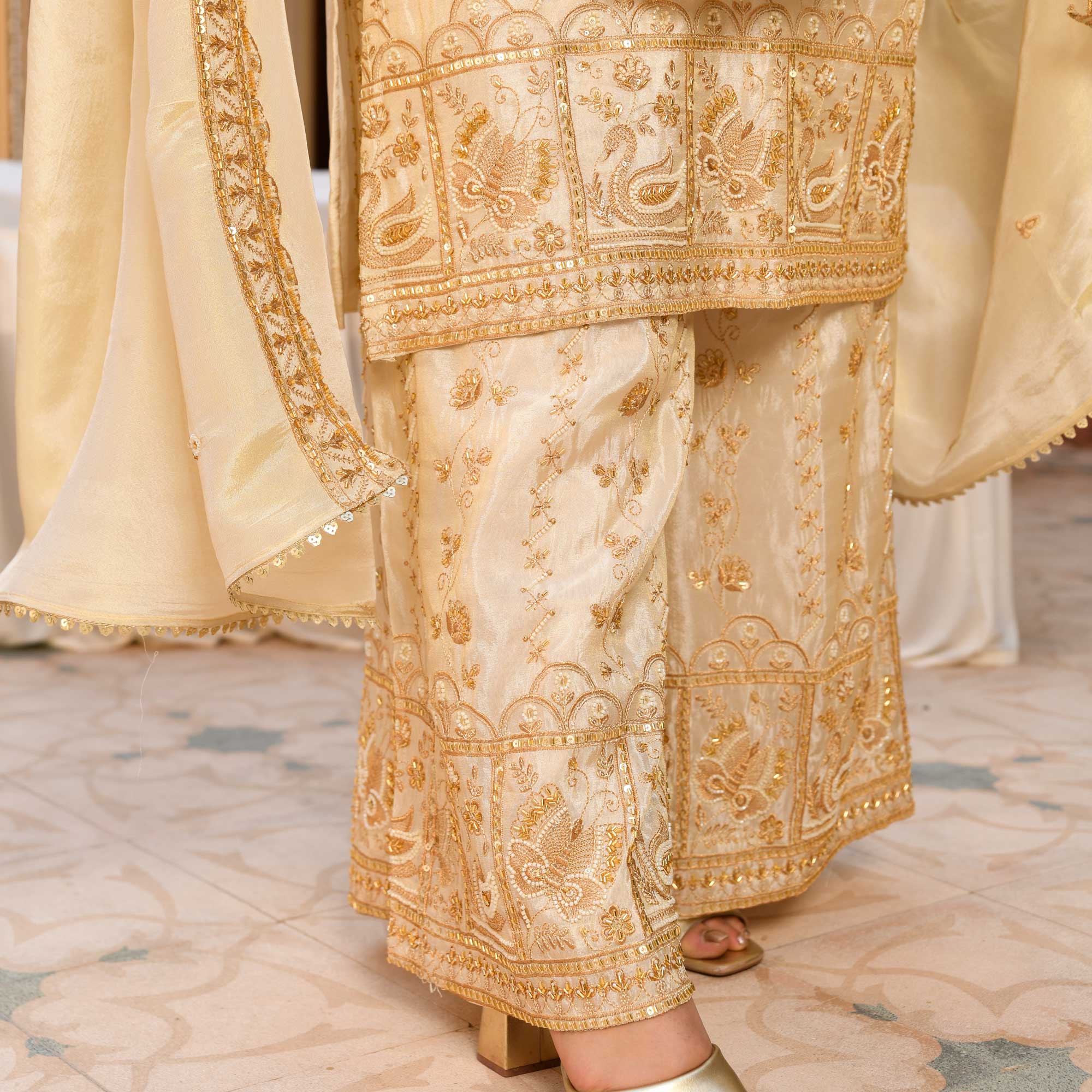 KALKI - Ivory & Gold Cutdana Embroidered Pure Tissue Silk Suit Set