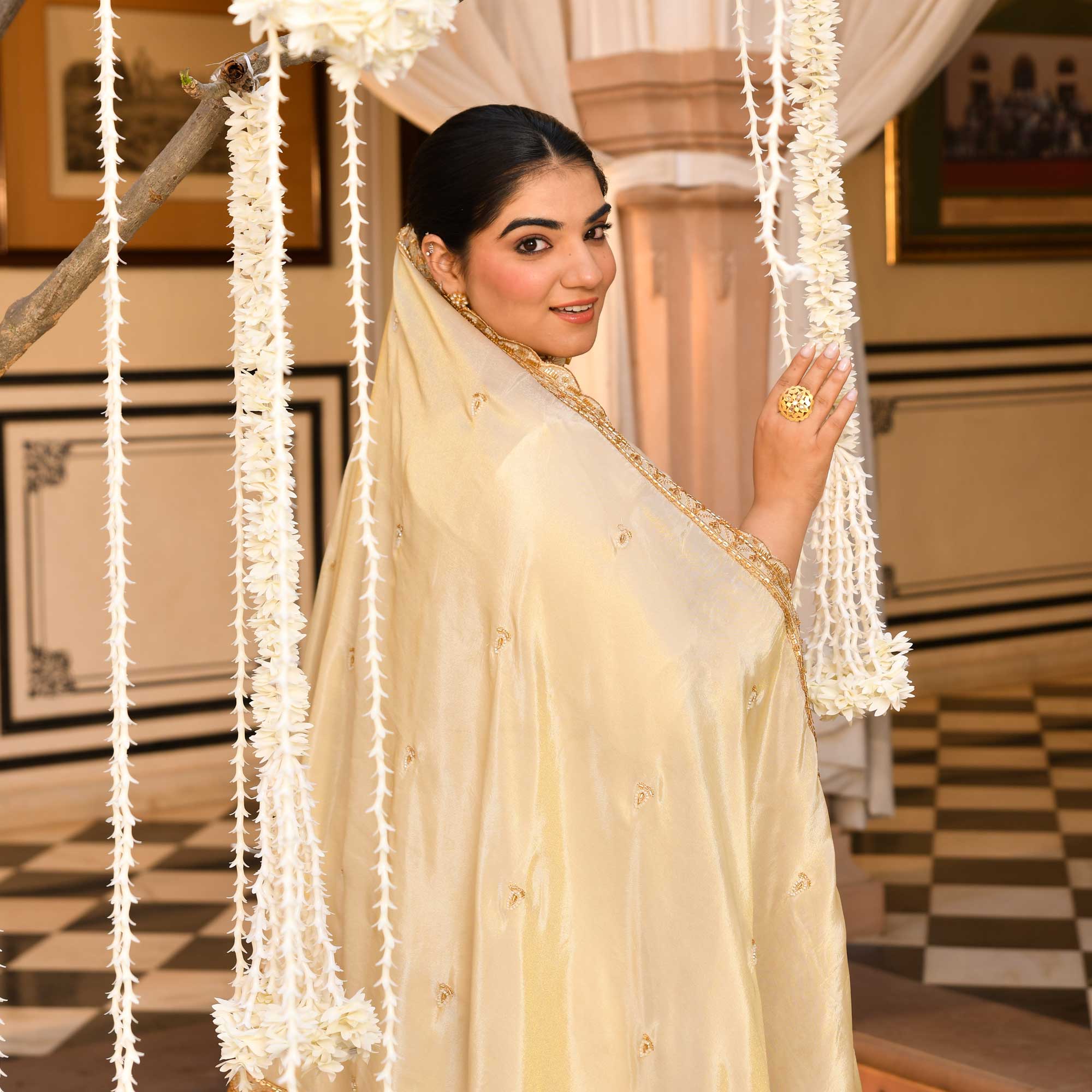 KALKI - Ivory & Gold Cutdana Embroidered Pure Tissue Silk Suit Set