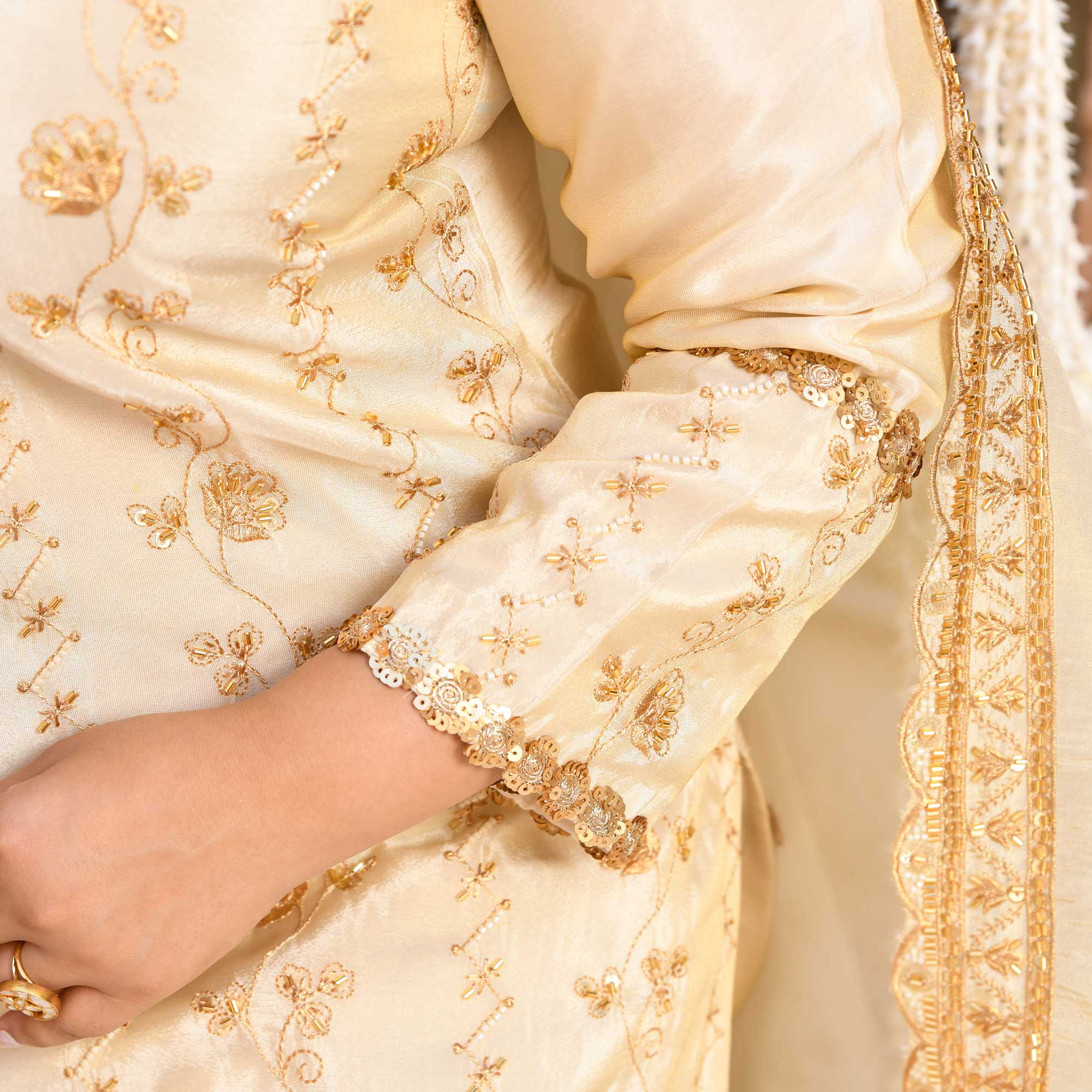 KALKI - Ivory & Gold Cutdana Embroidered Pure Tissue Silk Suit Set
