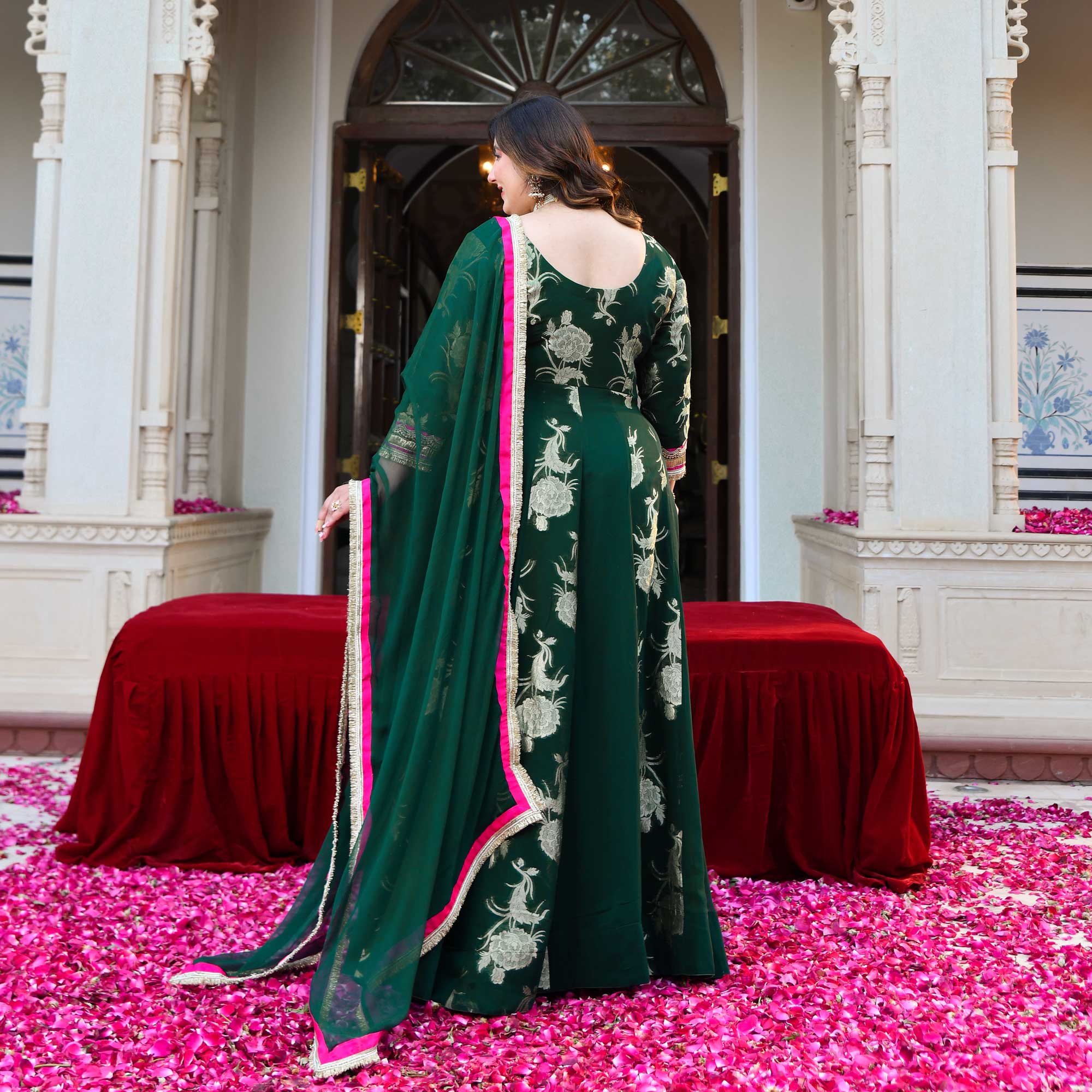 Tulsi- Bottle Green Banarasi Pure Georgette Anarkali Set