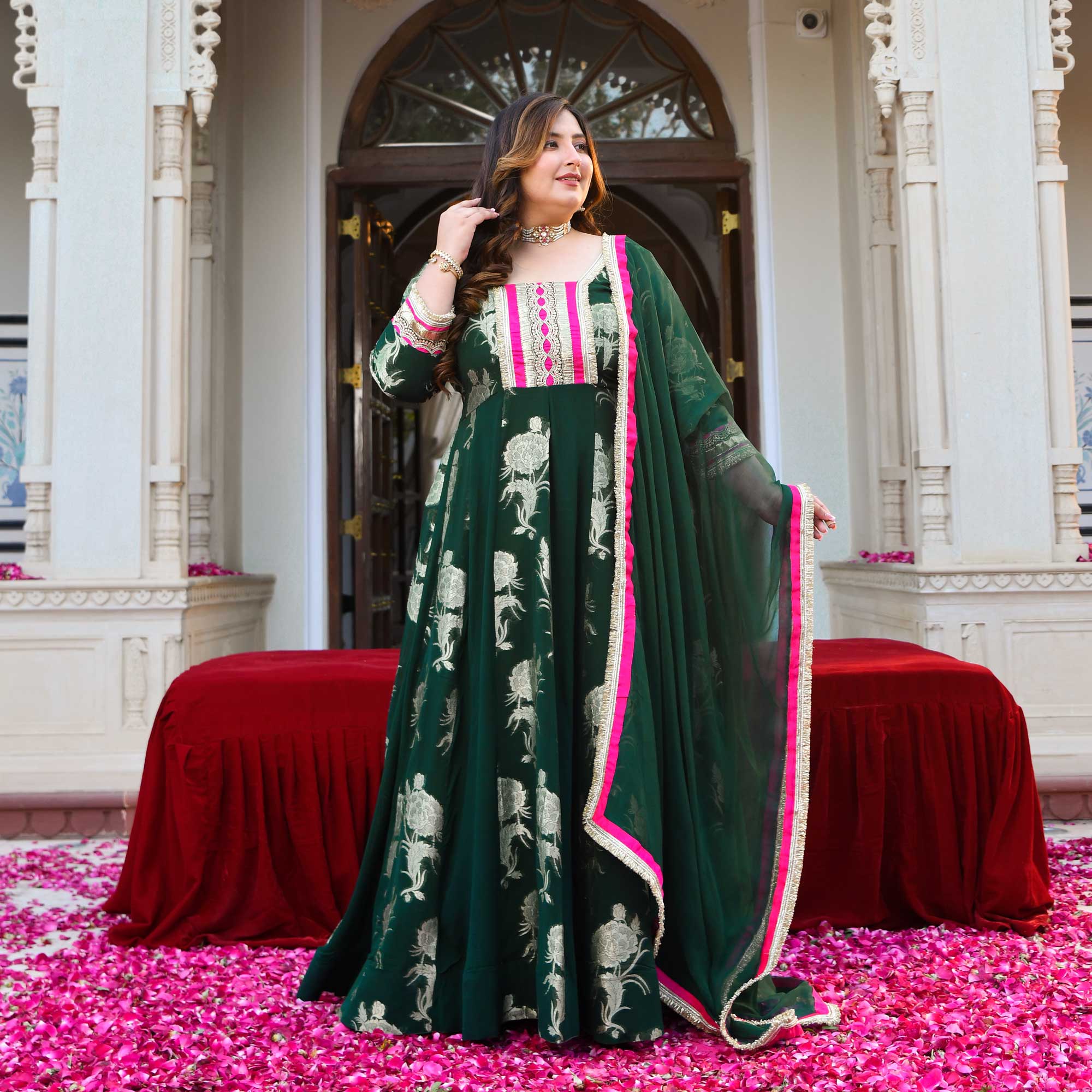 Tulsi- Bottle Green Banarasi Pure Georgette Anarkali Set