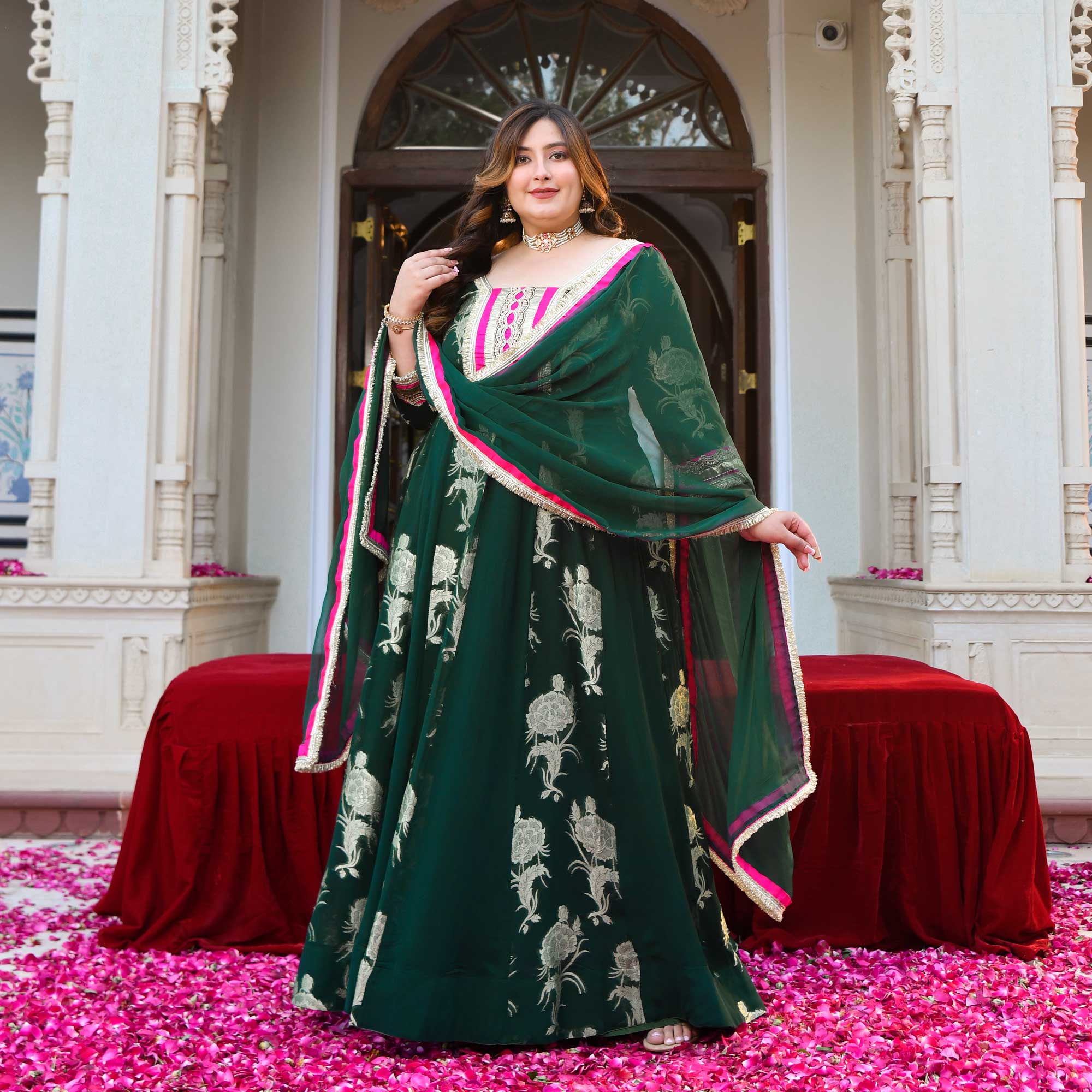 Tulsi- Bottle Green Banarasi Pure Georgette Anarkali Set