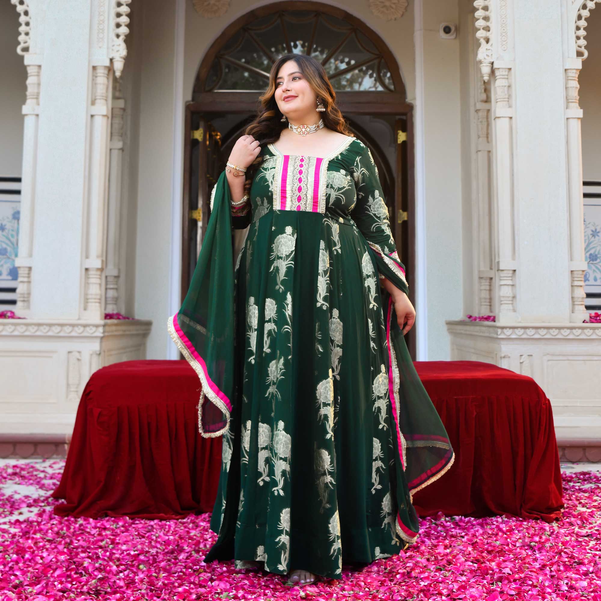 Tulsi- Bottle Green Banarasi Pure Georgette Anarkali Set