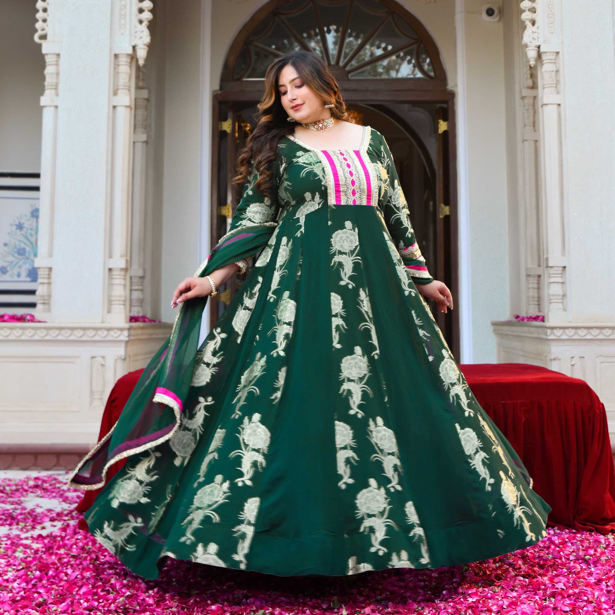 Tulsi- Bottle Green Banarasi Pure Georgette Anarkali Set