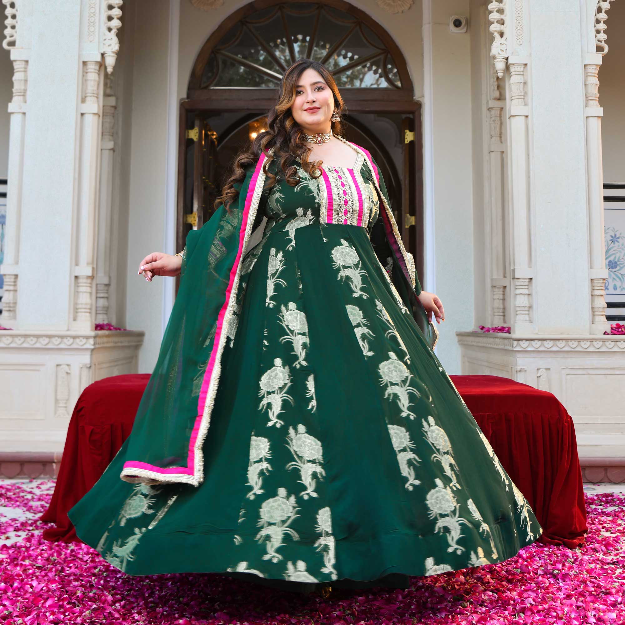 Tulsi- Bottle Green Banarasi Pure Georgette Anarkali Set