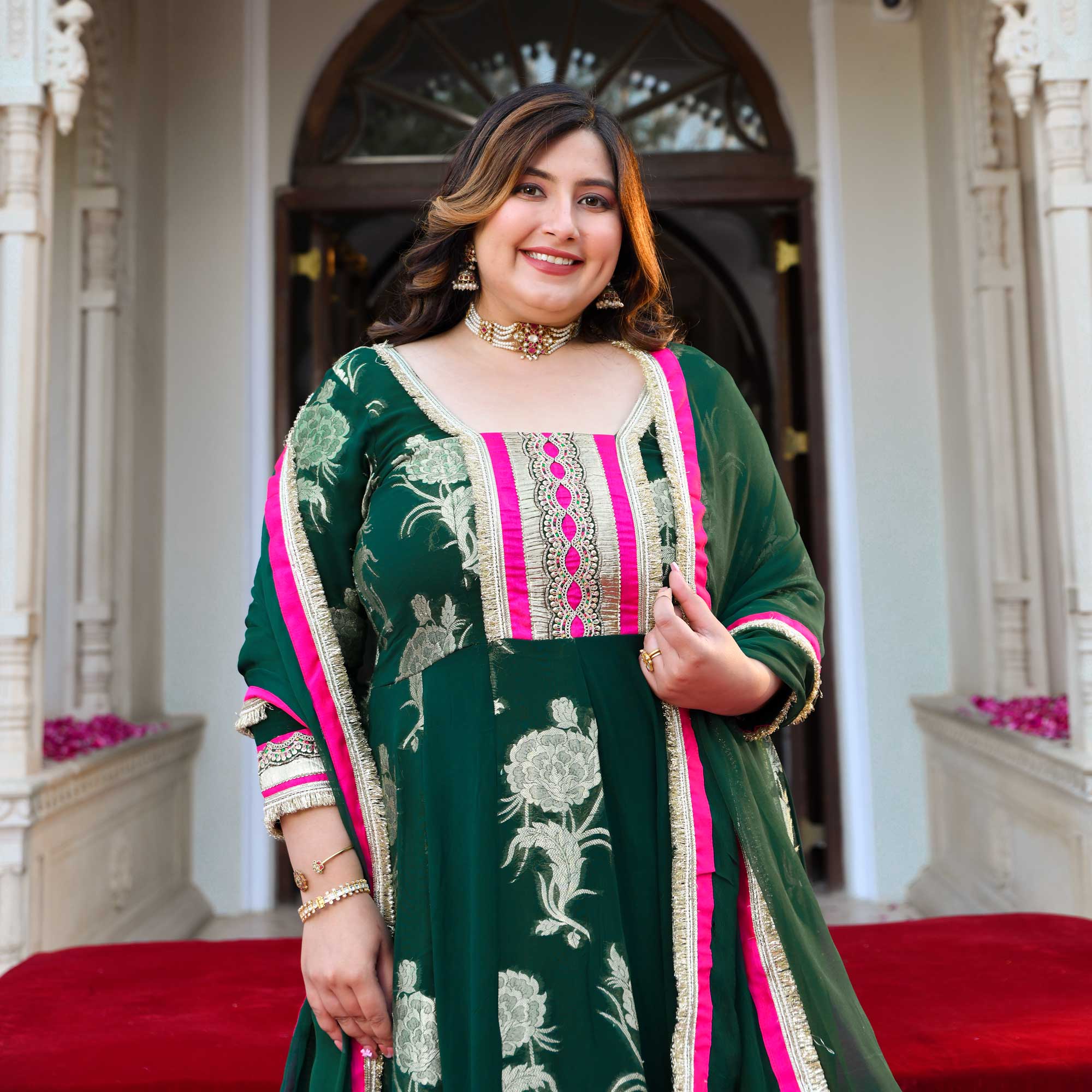 Tulsi- Bottle Green Banarasi Pure Georgette Anarkali Set