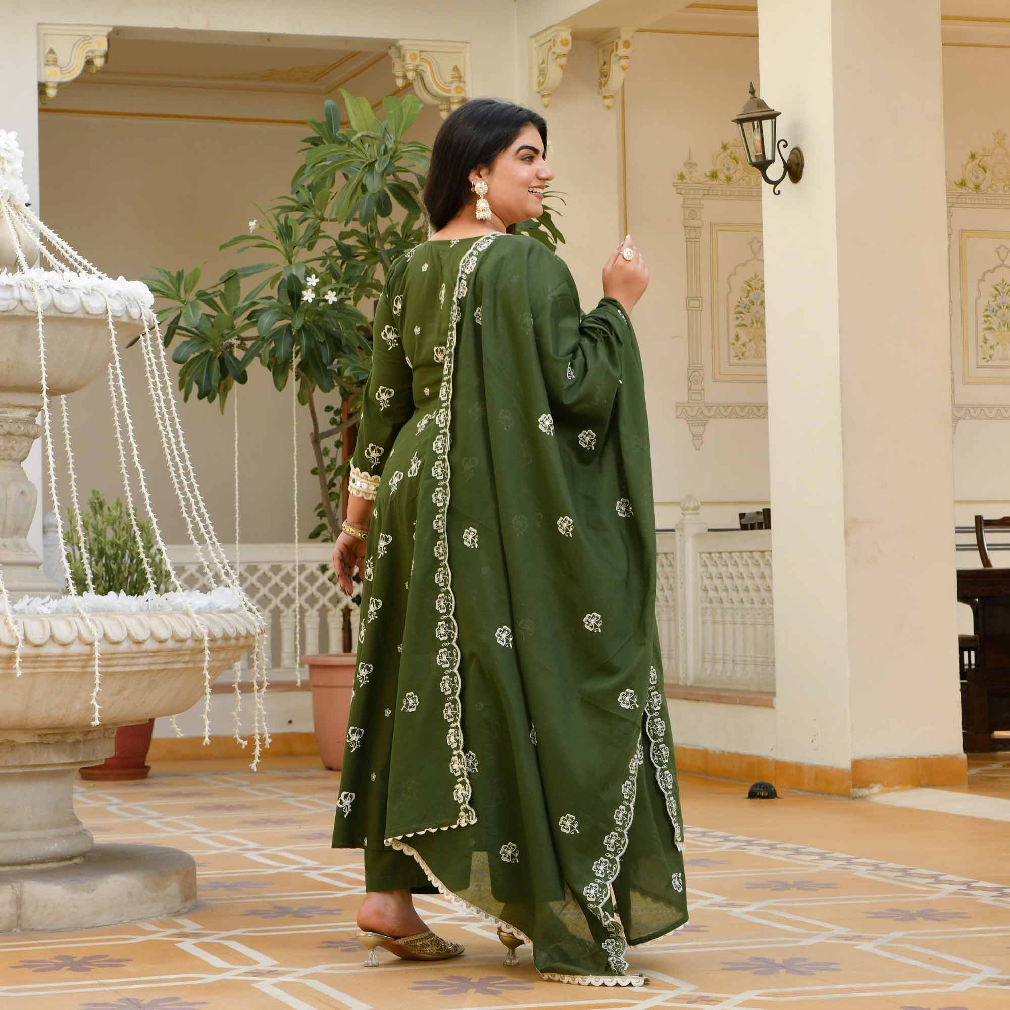 Vriddhi- Dark Green Pure Cotton Thread Embroidered Anarkali Set