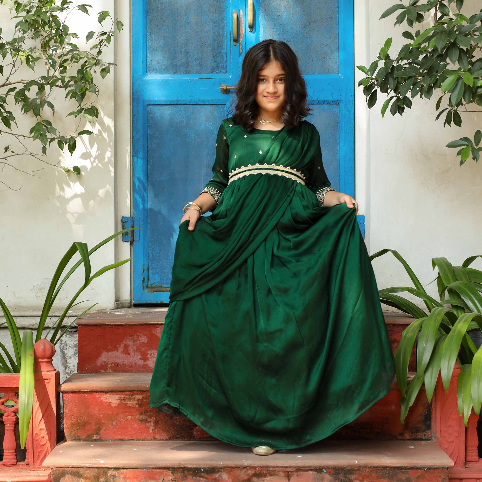 Festive Fern- Bottle Green Kids Silk Chinon Anarkali with Belt & Attached Drape