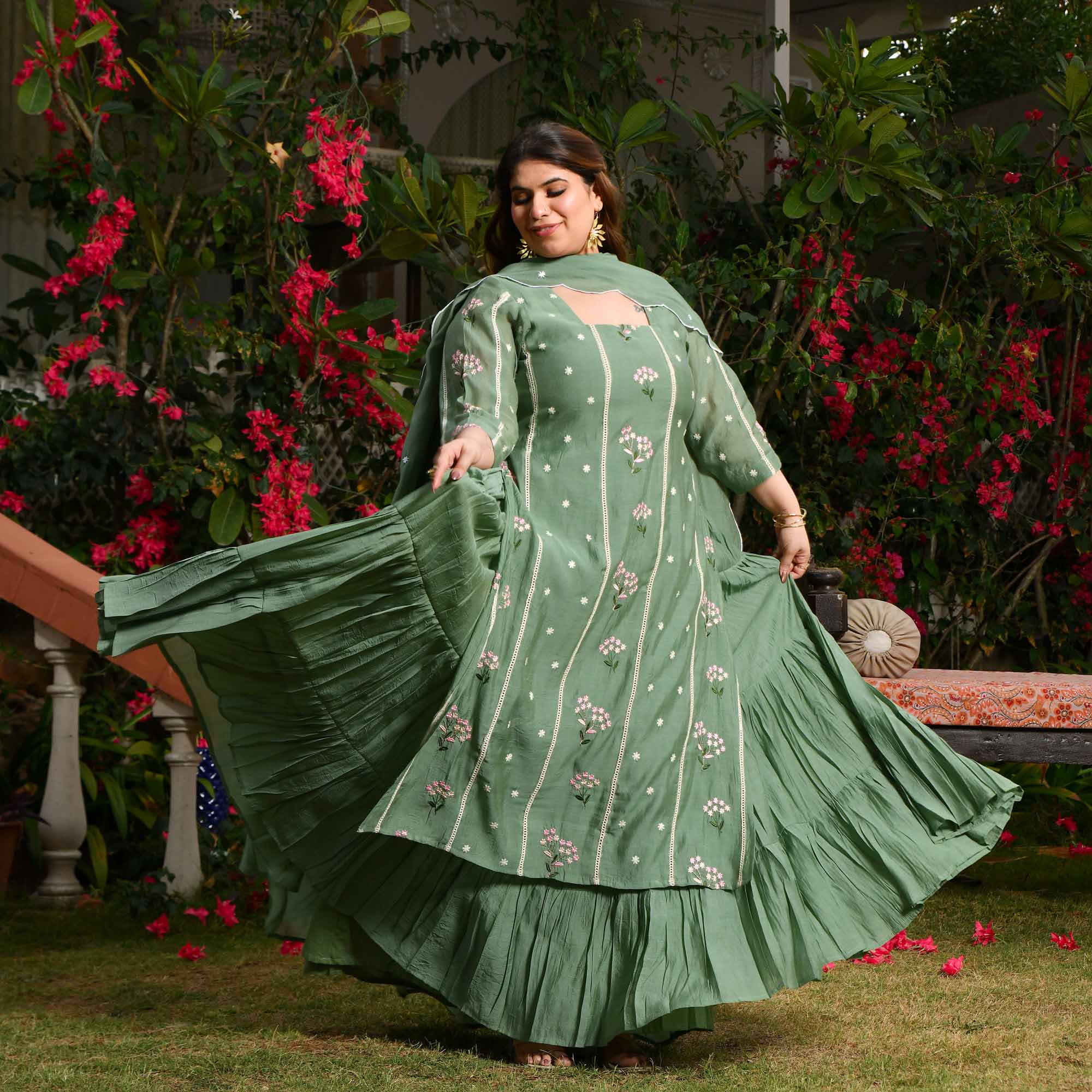 Custard Apple- Sage Green Thread Embroidered Mul Chanderi Anarkali Set