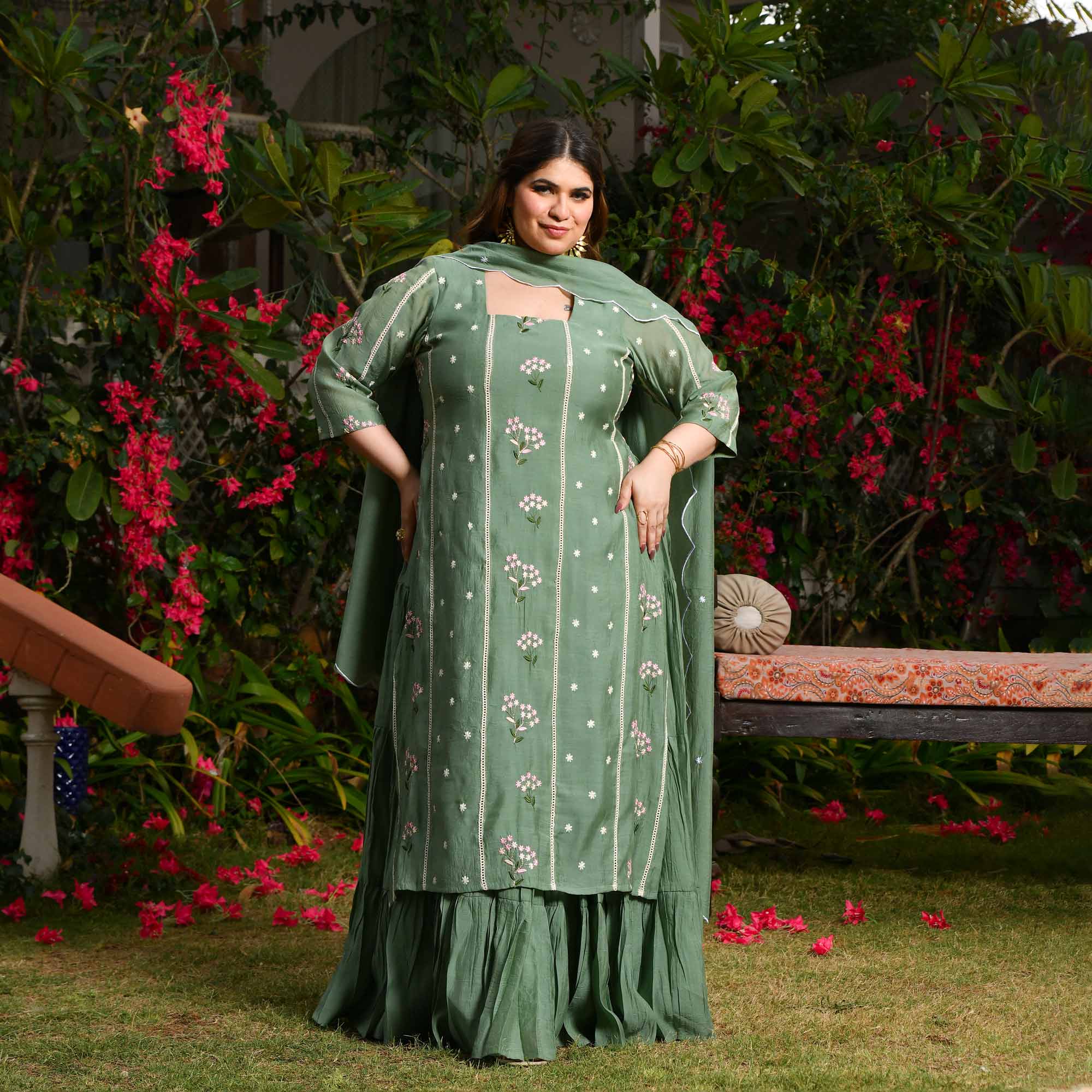Custard Apple- Sage Green Thread Embroidered Mul Chanderi Anarkali Set