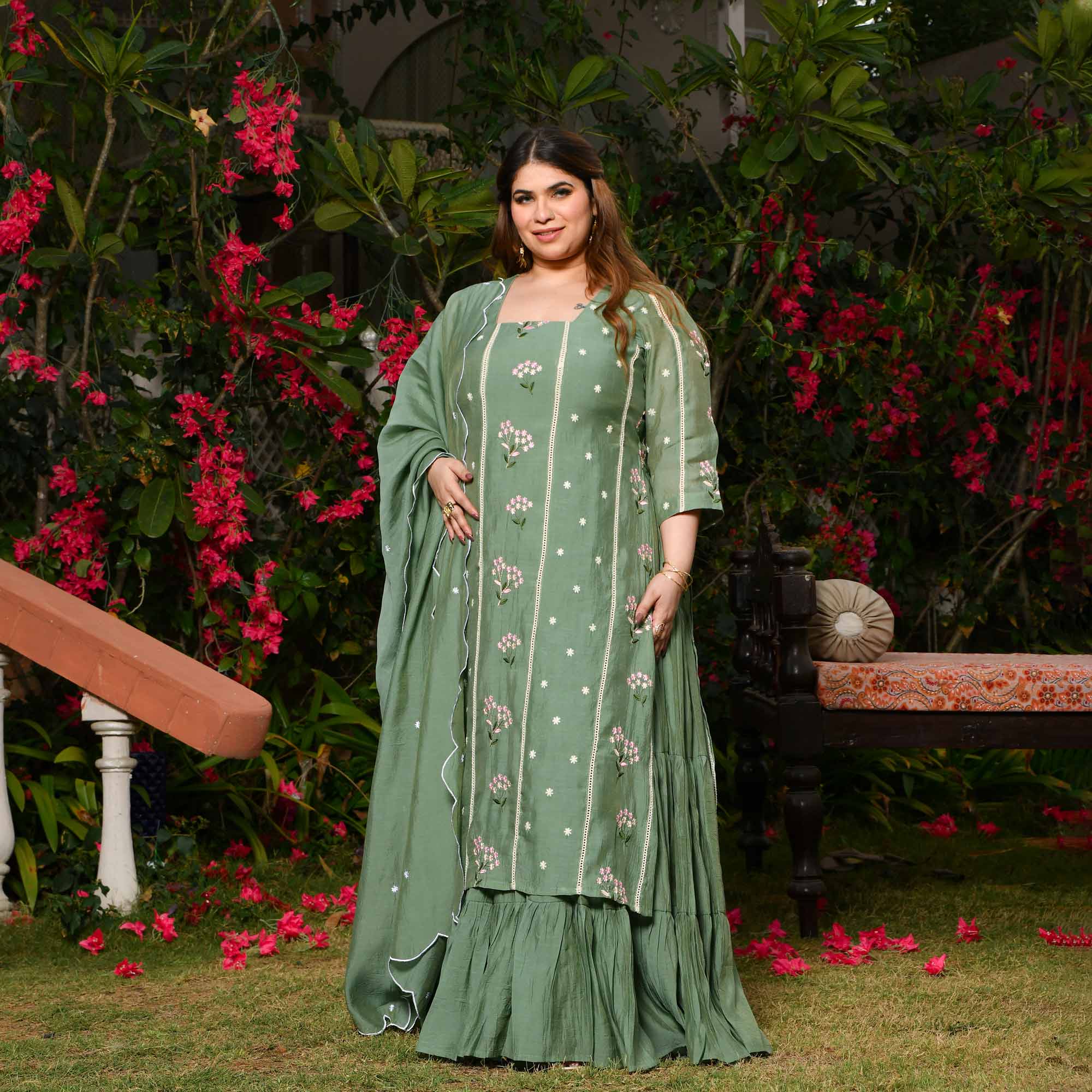 Custard Apple- Sage Green Thread Embroidered Mul Chanderi Anarkali Set