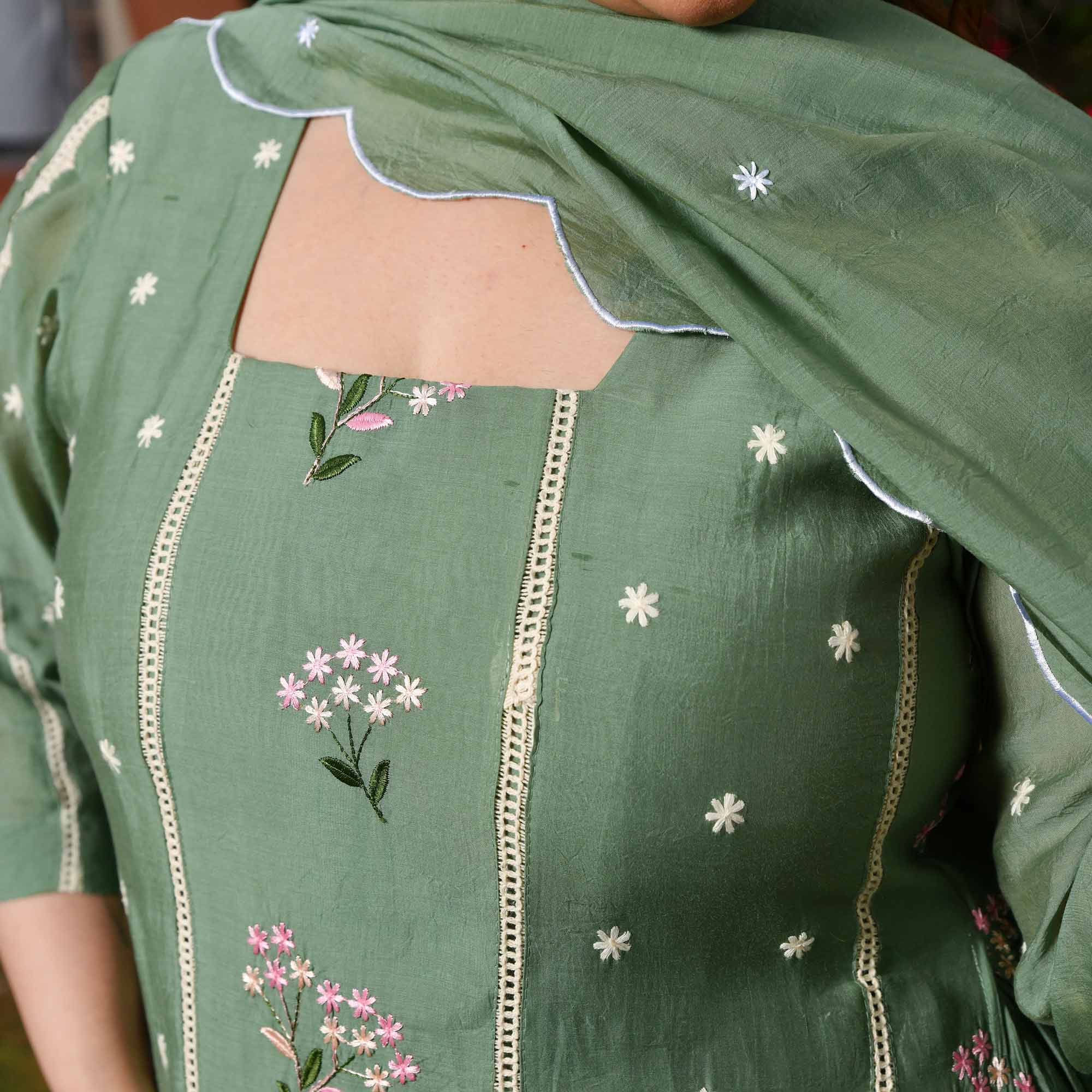Custard Apple- Sage Green Thread Embroidered Mul Chanderi Anarkali Set
