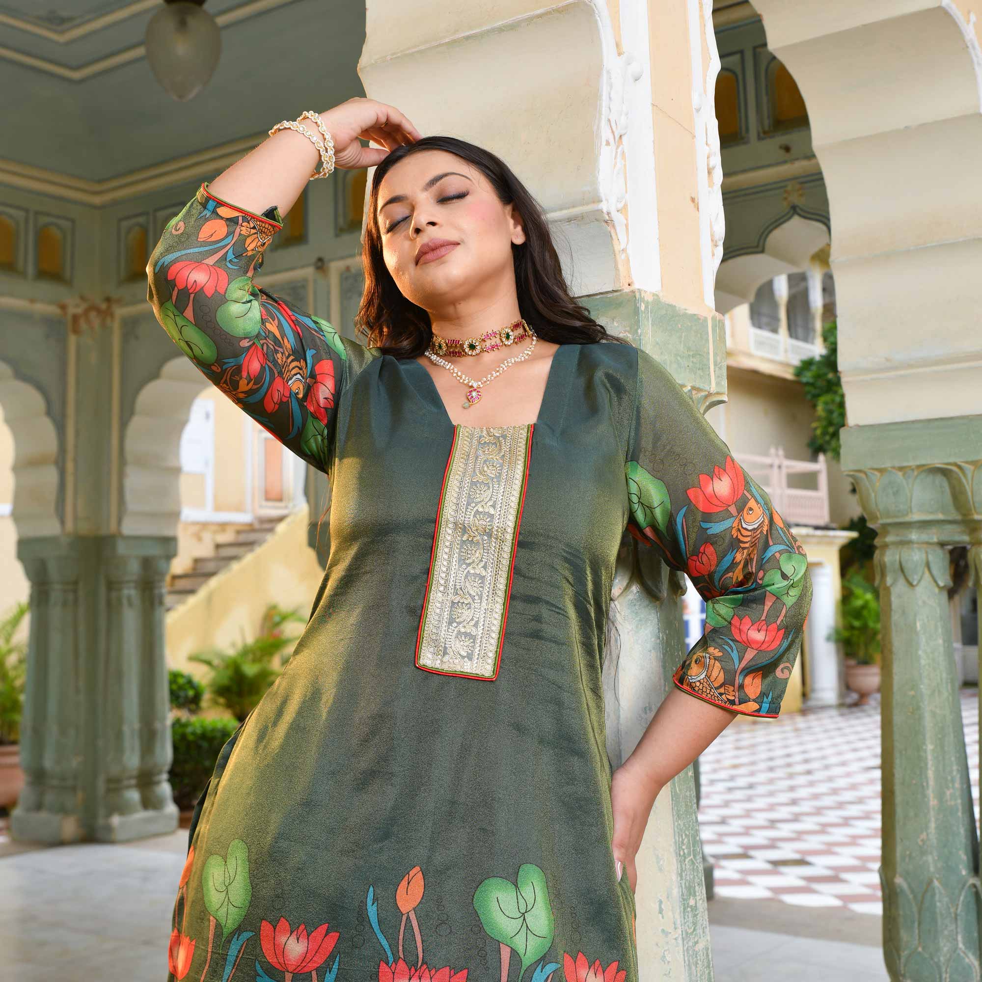 Mor Mukut- Bottle Green Tissue Silk Pichwai Printed Co-ord Set