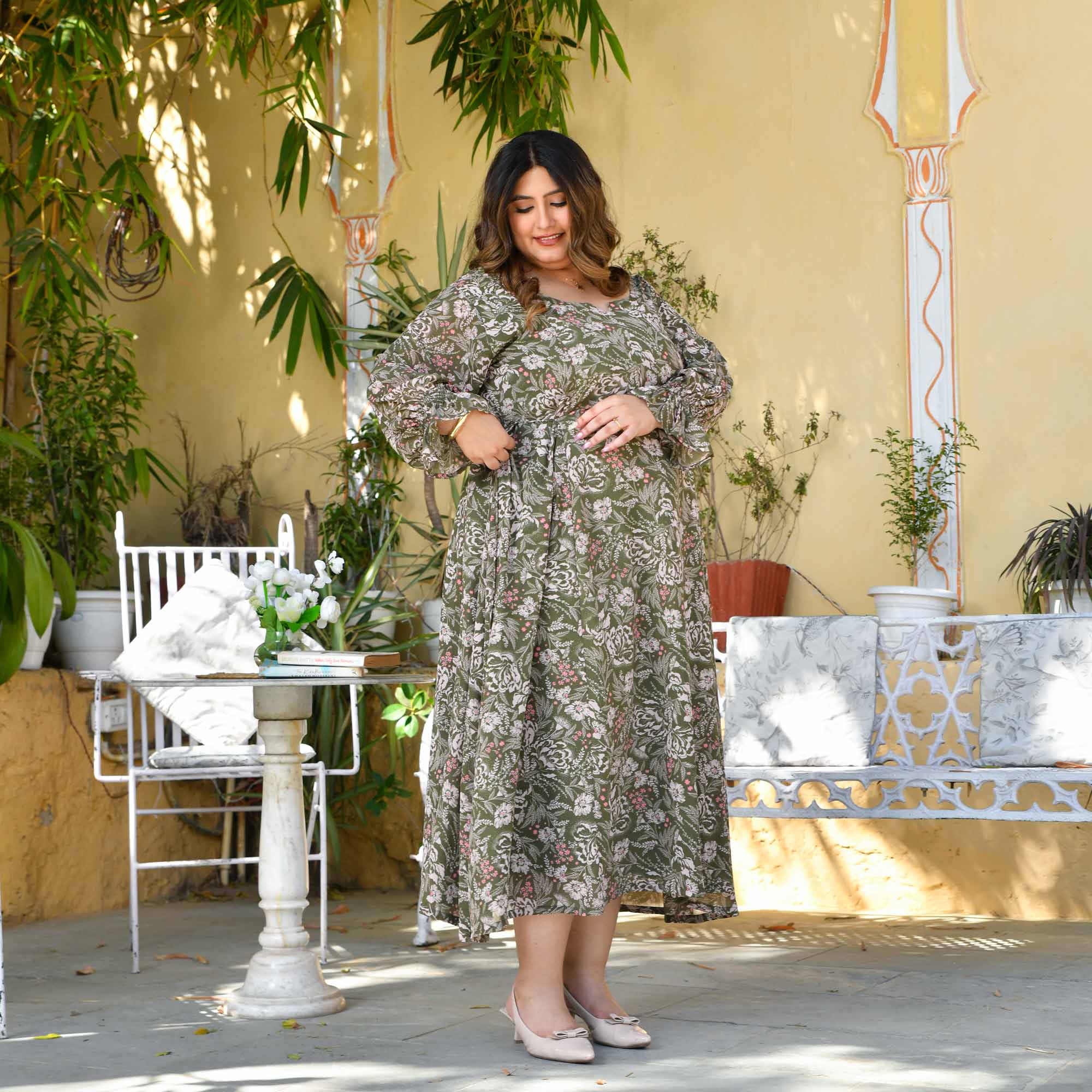 Green Reverie- Olive Floral Georgette Aline Dress