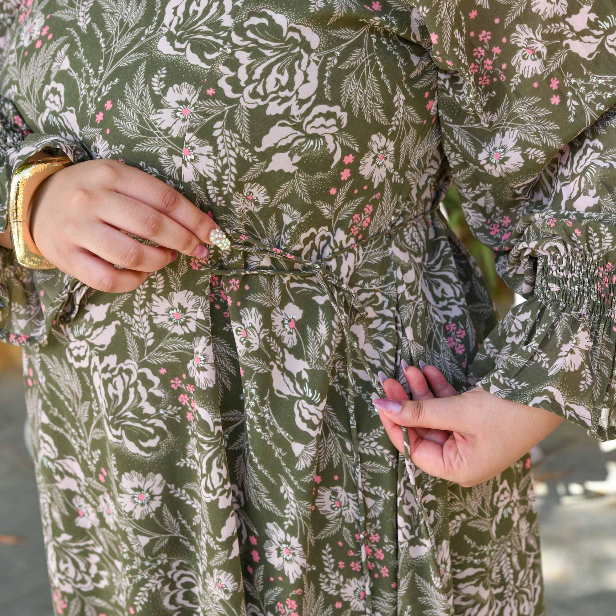 Green Reverie- Olive Floral Georgette Aline Dress