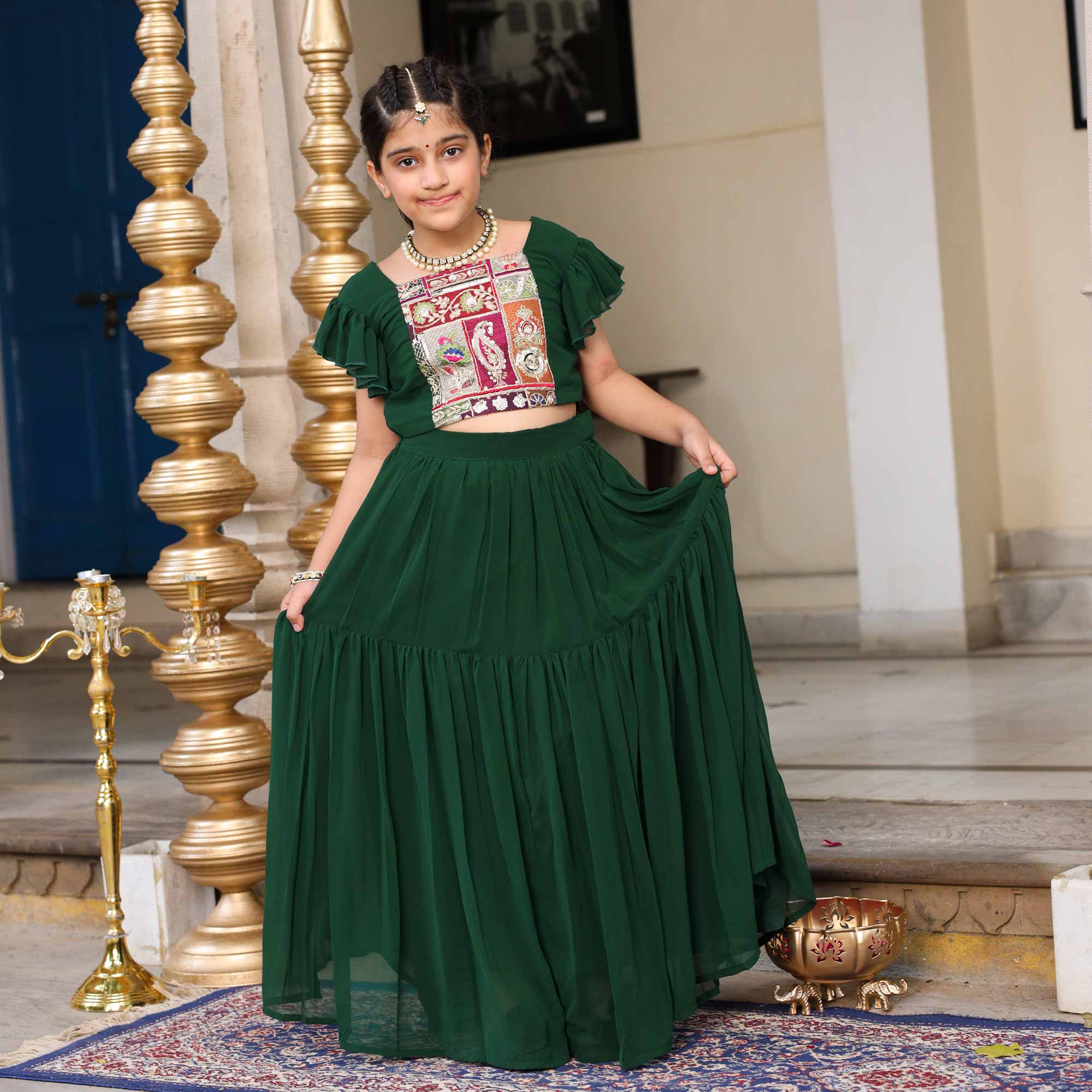 Twinkle In Green Kids Georgette Embroidered Lehenga Set