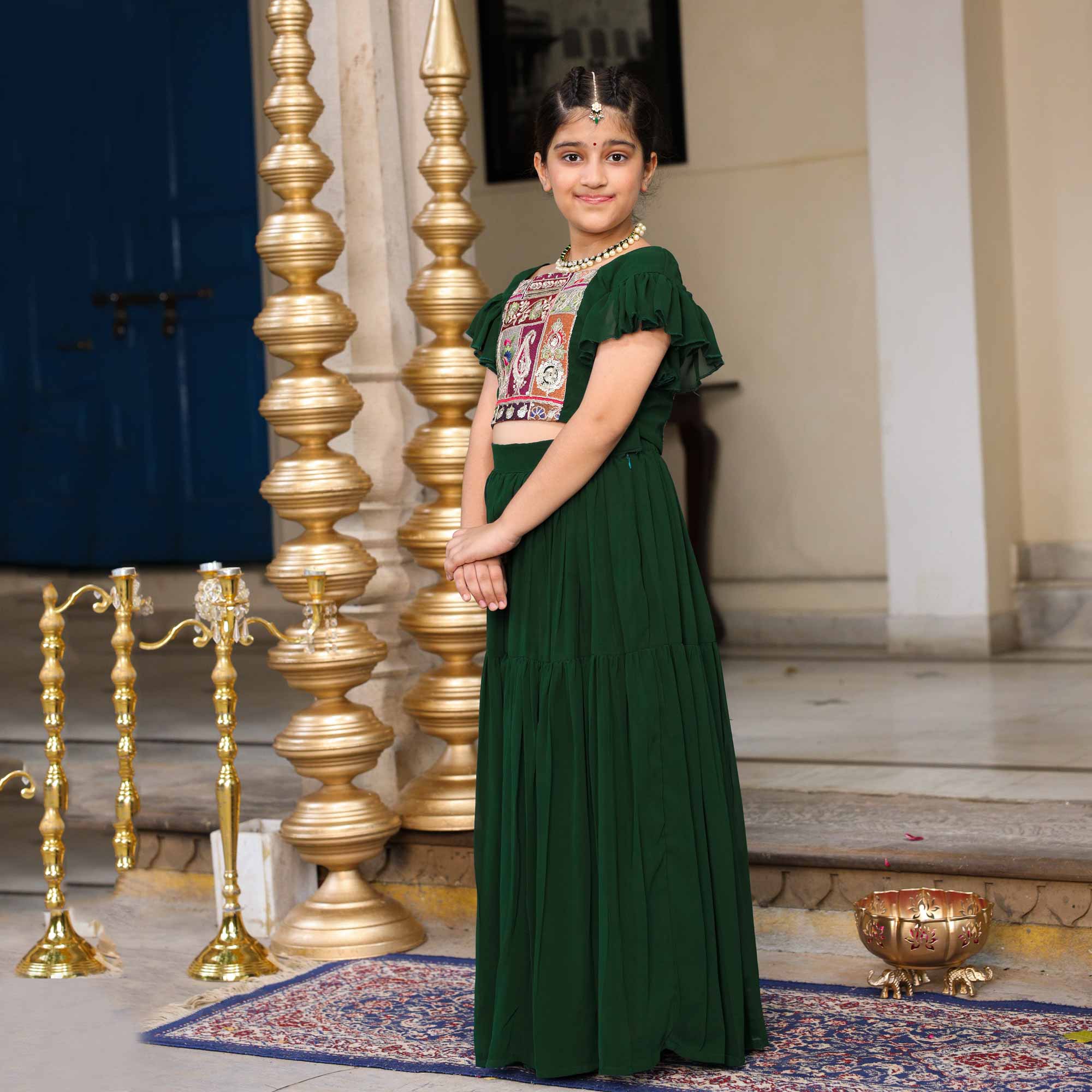 Twinkle In Green Kids Georgette Embroidered Lehenga Set