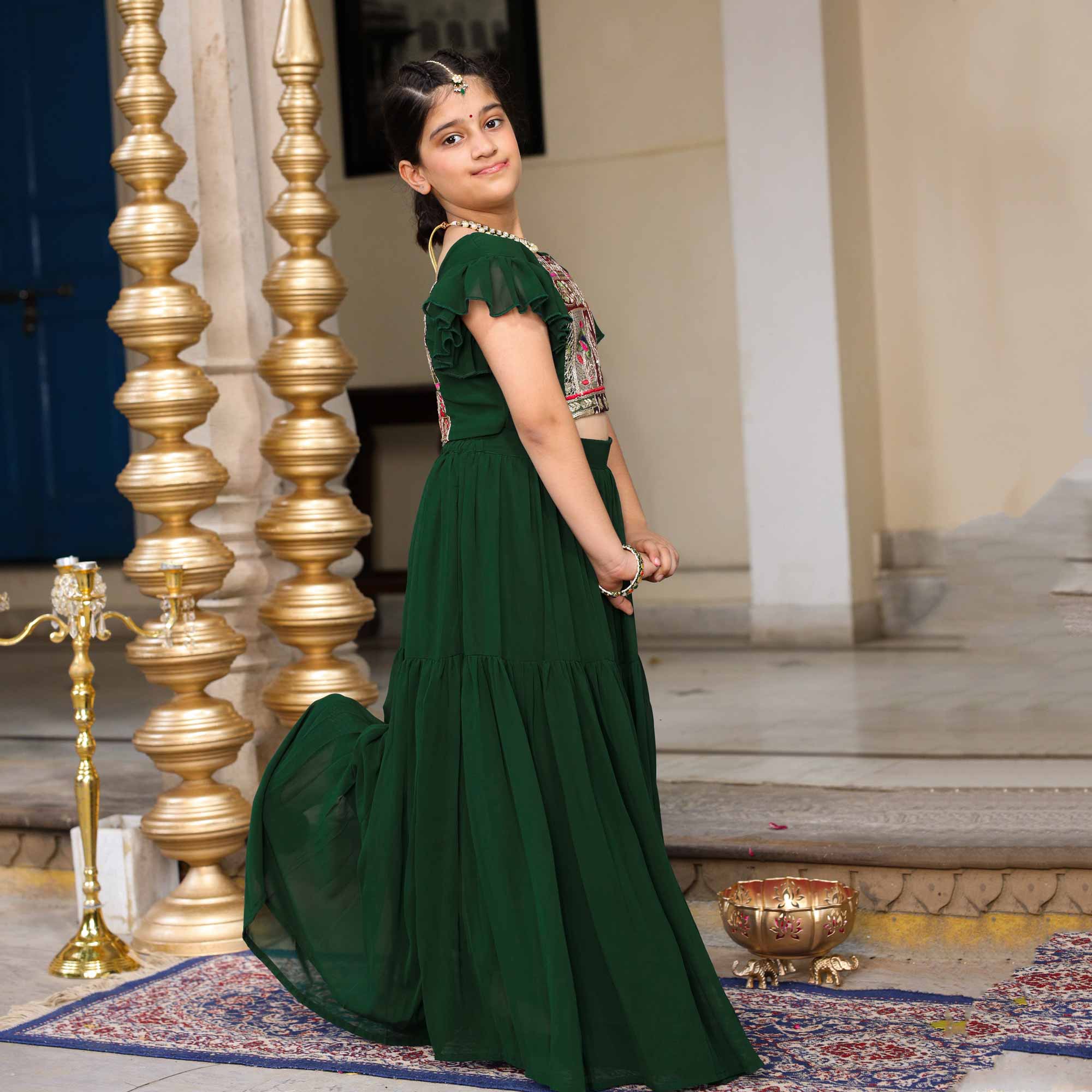 Twinkle In Green Kids Georgette Embroidered Lehenga Set