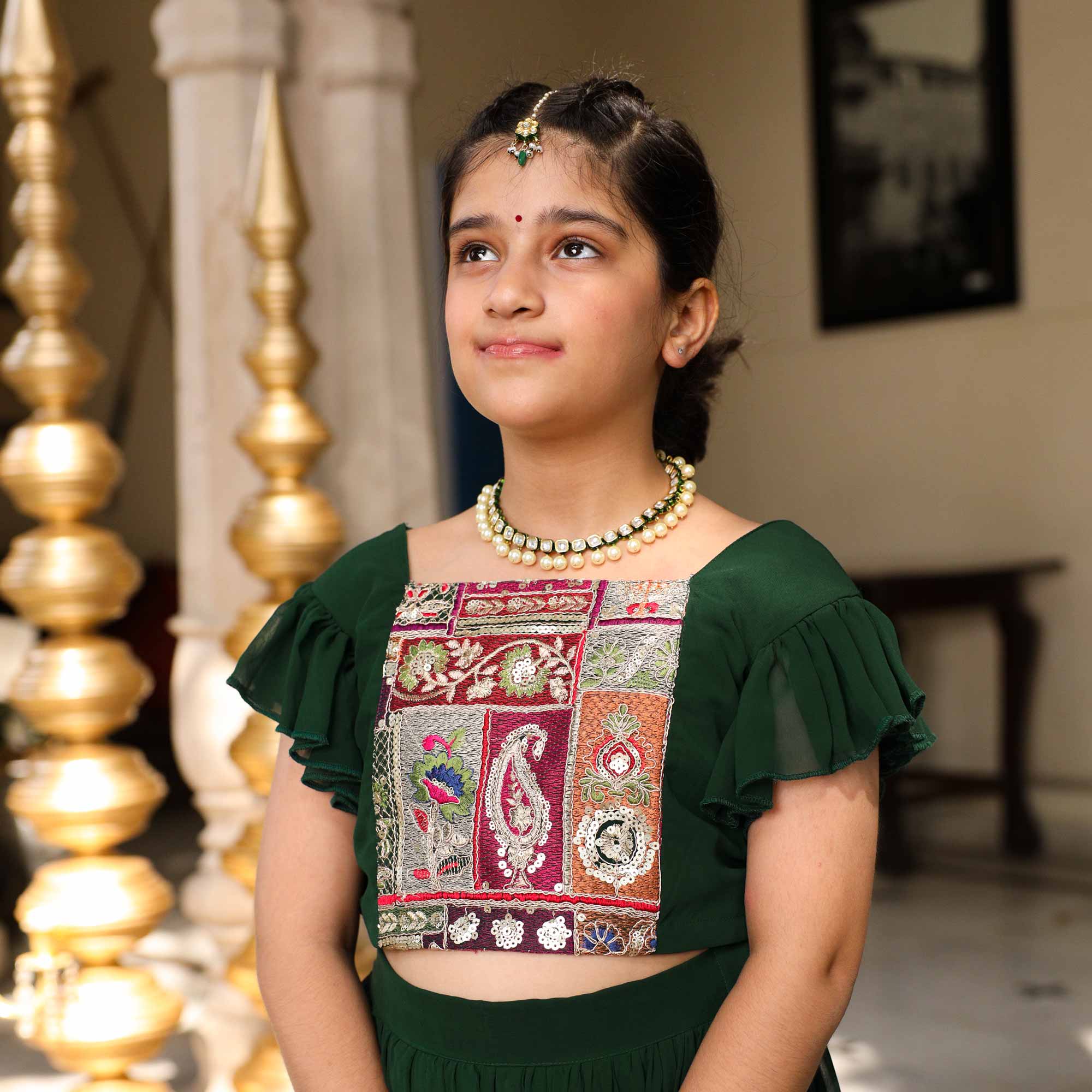 Twinkle In Green Kids Georgette Embroidered Lehenga Set